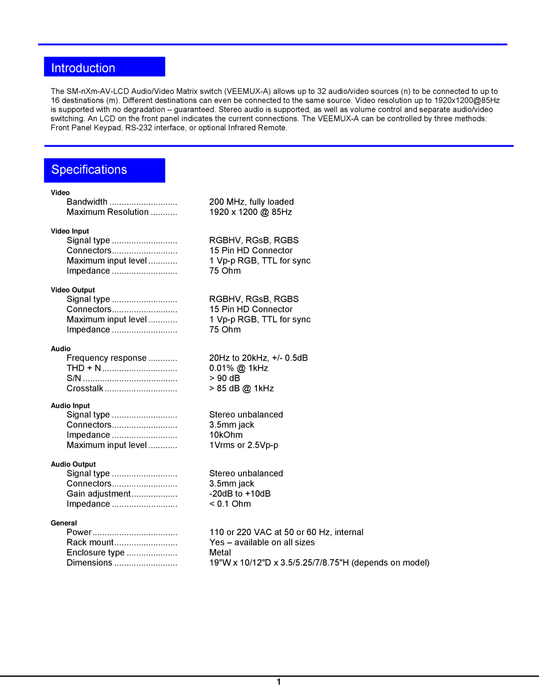 Network Technologies SM-nXm-AV-LCD operation manual Introduction, Specifications 