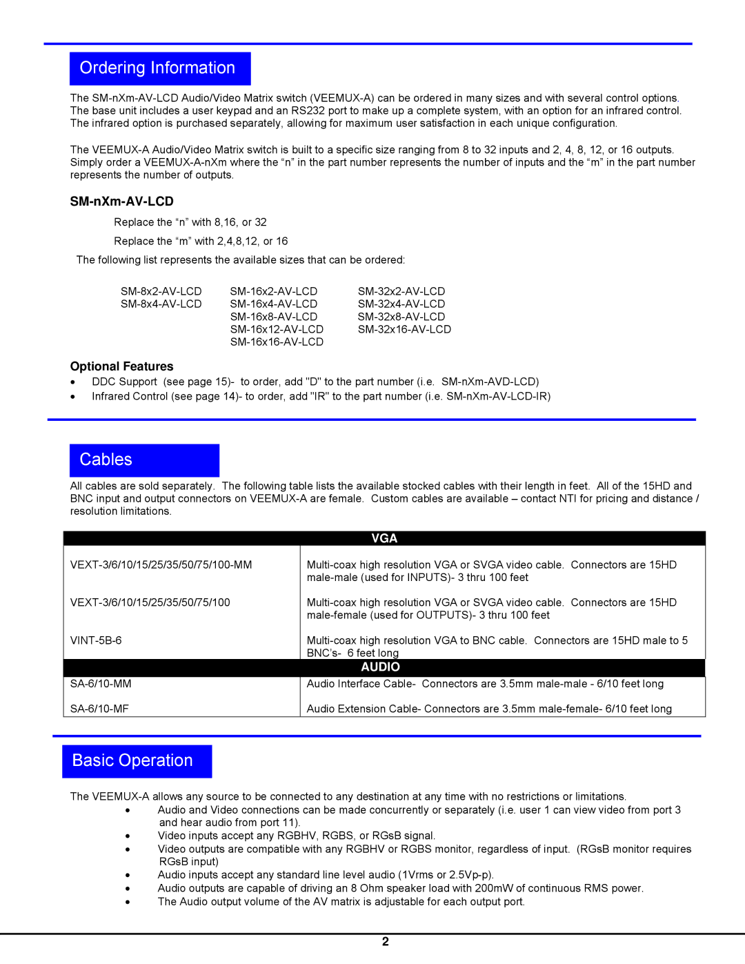 Network Technologies SM-nXm-AV-LCD operation manual Ordering Information, Cables, Basic Operation, VINT-5B-6 