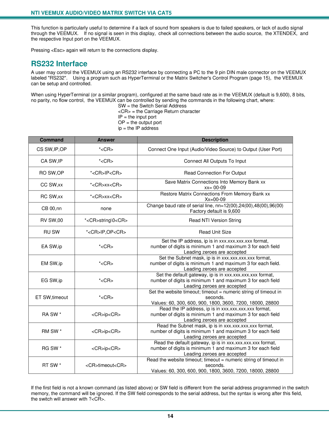 Network Technologies SM-nXm-C5AV-LCD operation manual RS232 Interface, Command Answer Description 