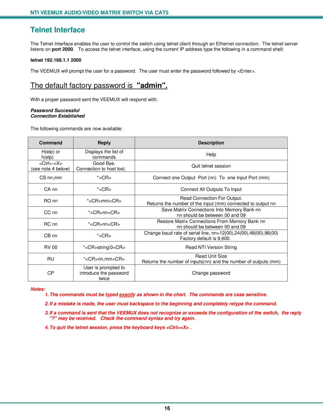 Network Technologies SM-nXm-C5AV-LCD operation manual Telnet Interface, Telnet 192.168.1.1, Command Reply Description 