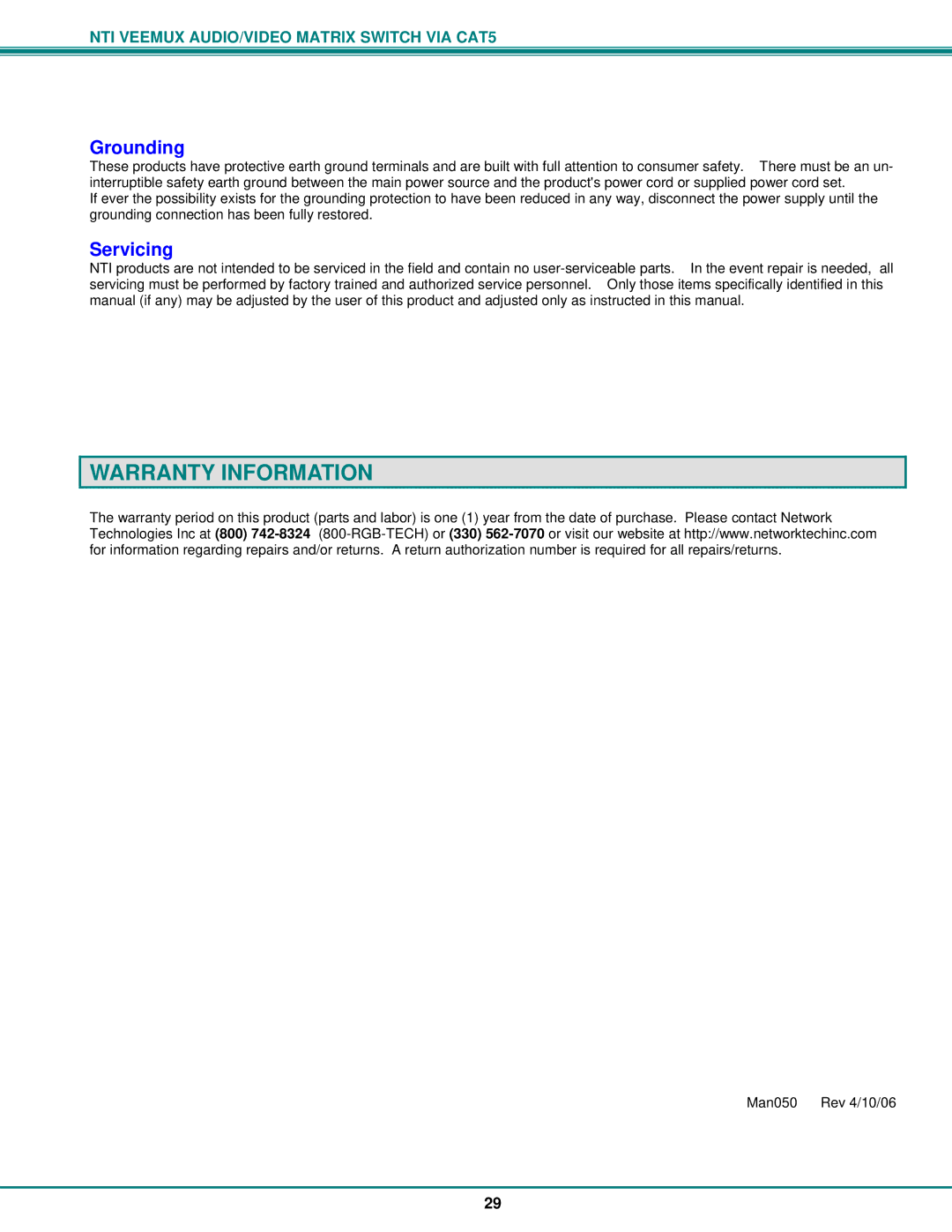 Network Technologies SM-nXm-C5AV-LCD operation manual Warranty Information, Grounding 