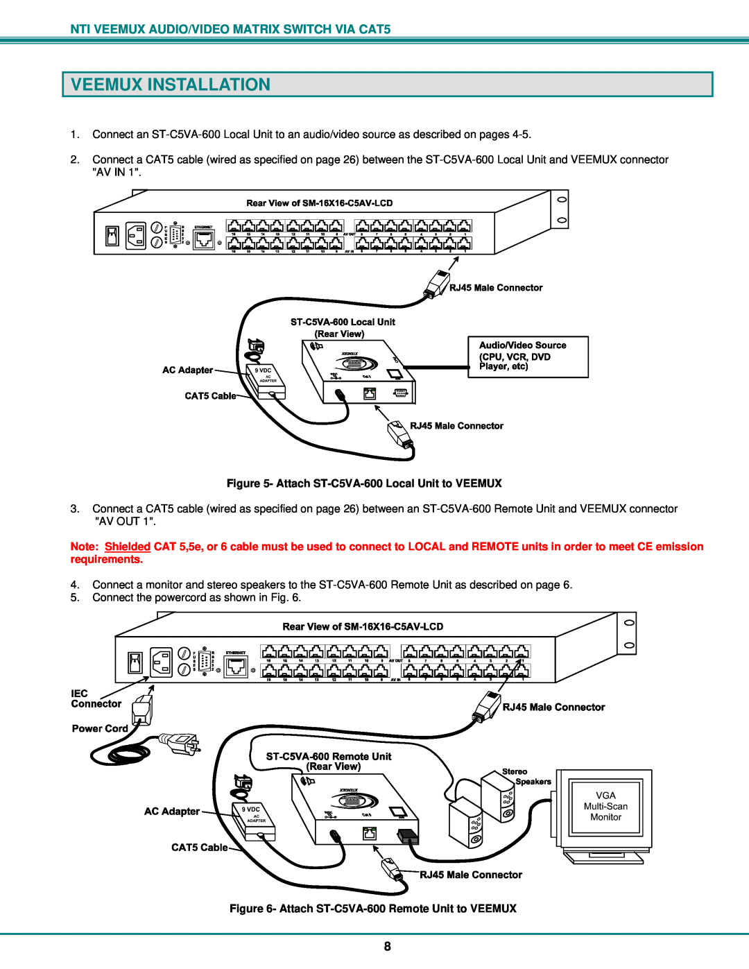 Network Technologies SM-nXm-C5AV-LCD operation manual Veemux Installation, NTI VEEMUX AUDIO/VIDEO MATRIX SWITCH VIA CAT5 