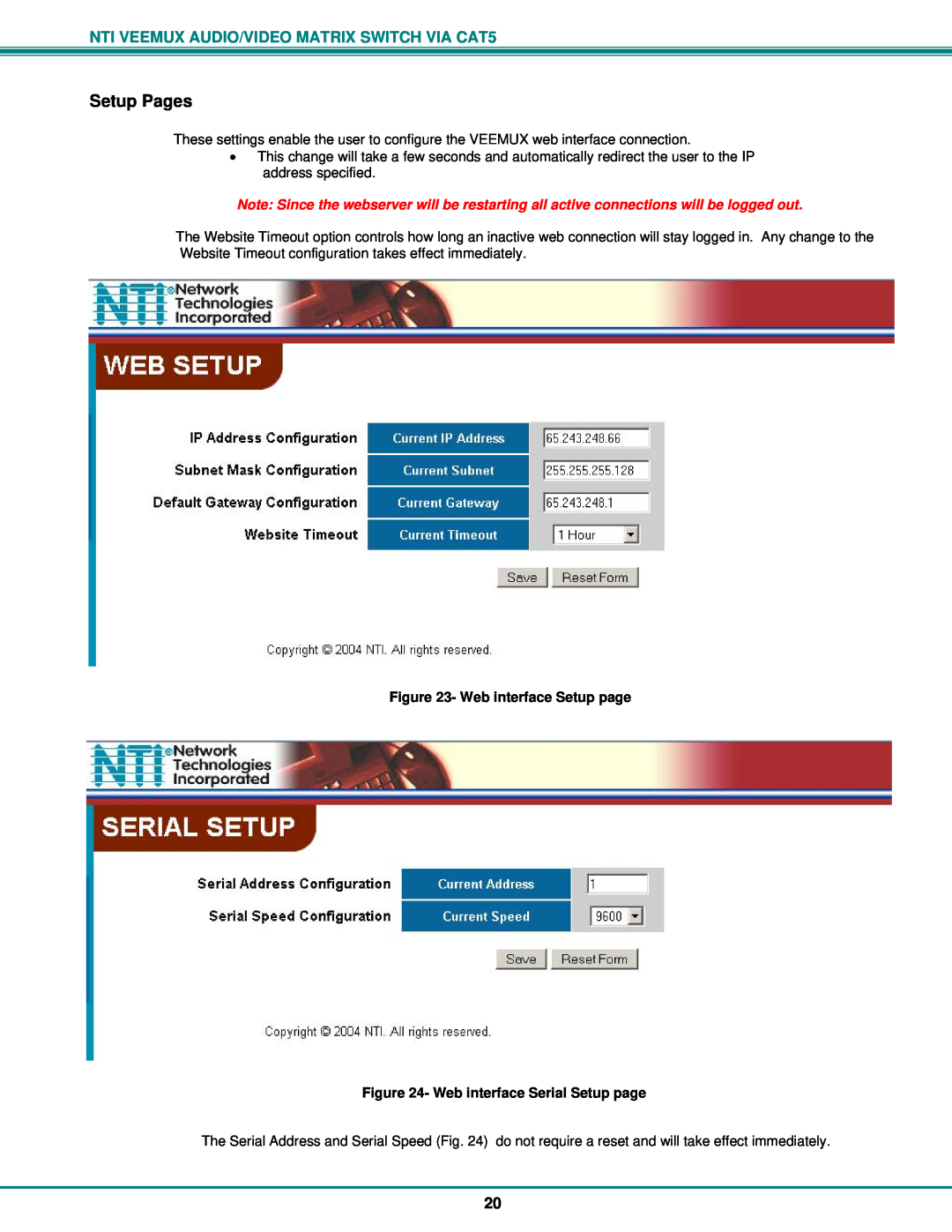 Network Technologies SM-nXm-C5AV-LCD Setup Pages, NTI VEEMUX AUDIO/VIDEO MATRIX SWITCH VIA CAT5, Web interface Setup page 