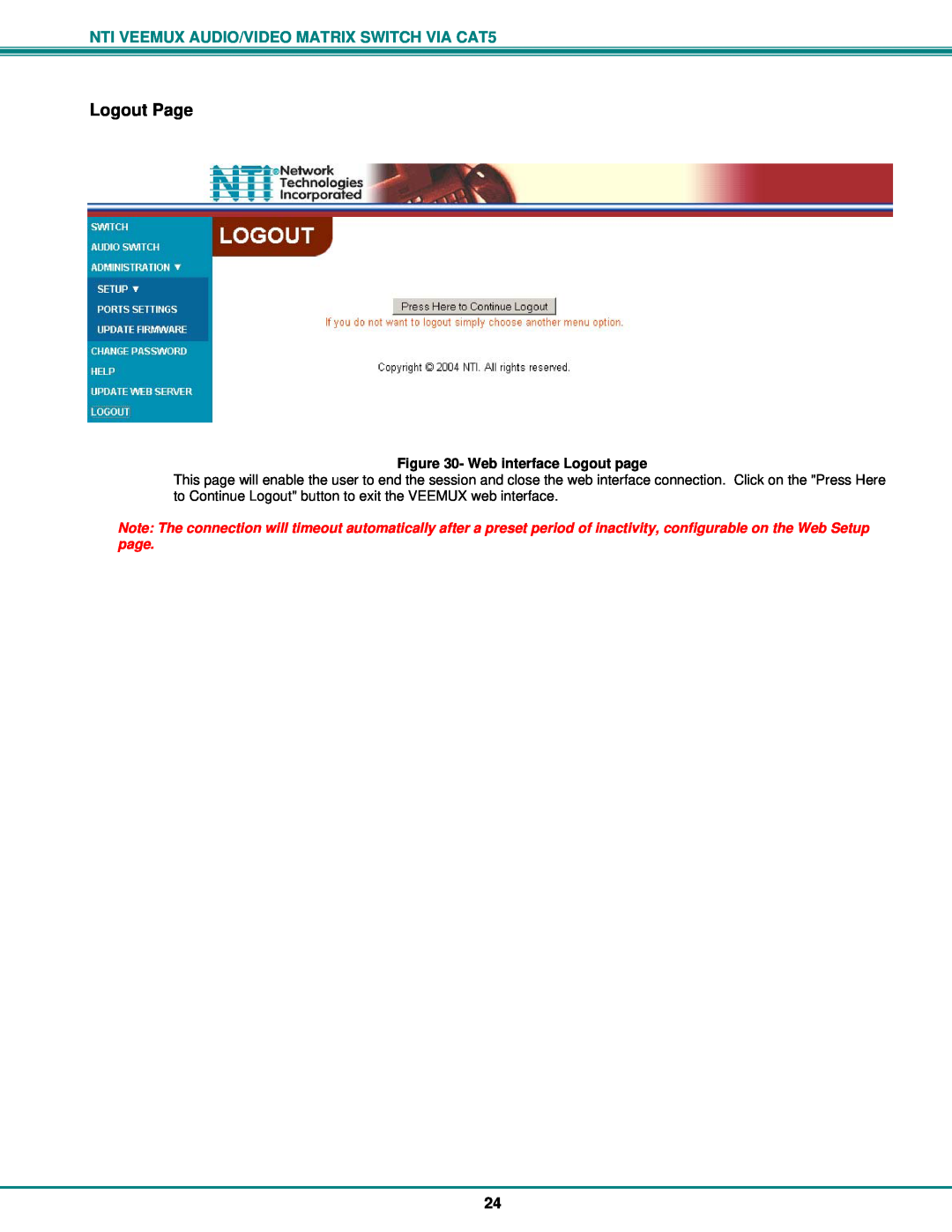 Network Technologies SM-nXm-C5AV-LCD Logout Page, NTI VEEMUX AUDIO/VIDEO MATRIX SWITCH VIA CAT5, Web interface Logout page 
