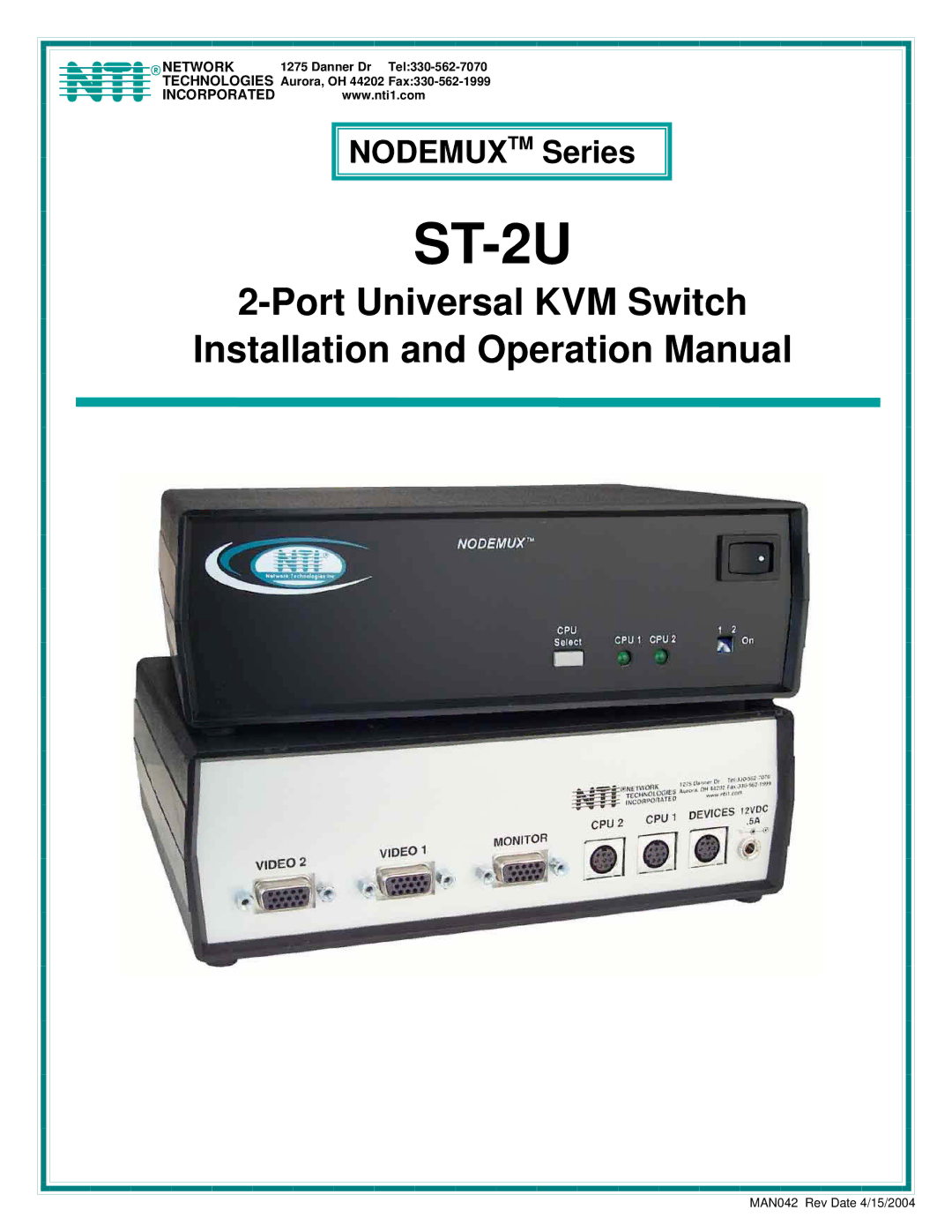 Network Technologies ST-2U operation manual Network, NTI Incorporated 