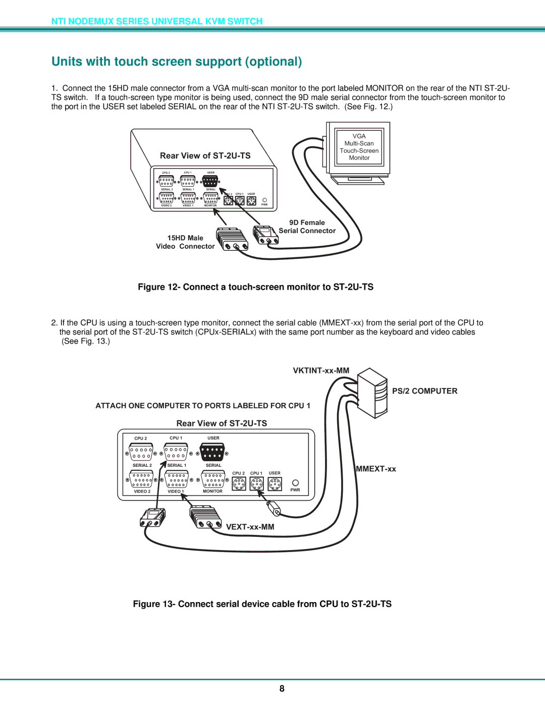 Network Technologies ST-2U operation manual Units with touch screen support optional, VKTINT-xx-MM, MMEXT-xx VEXT-xx-MM 