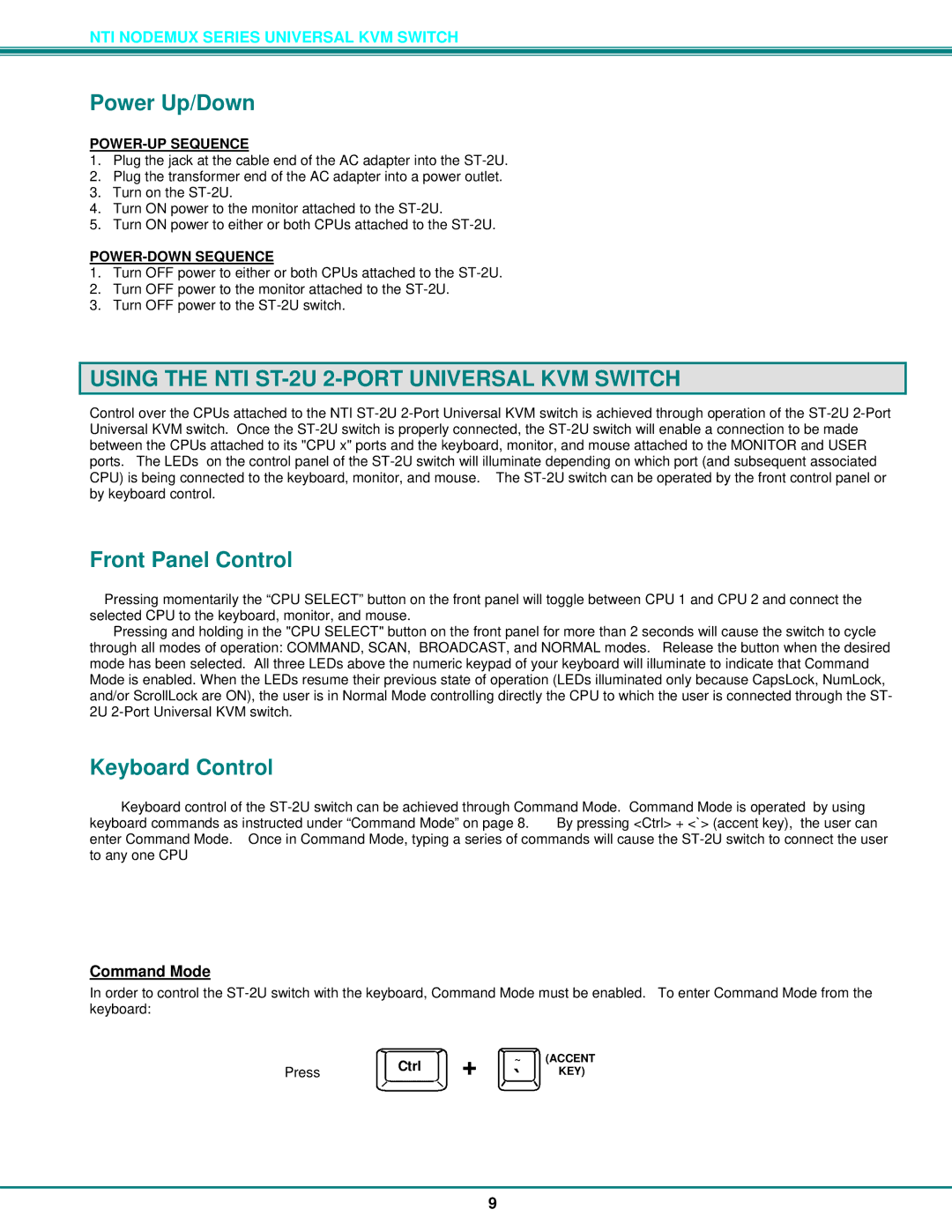 Network Technologies Power Up/Down, Using the NTI ST-2U 2-PORT Universal KVM Switch, Front Panel Control, Command Mode 