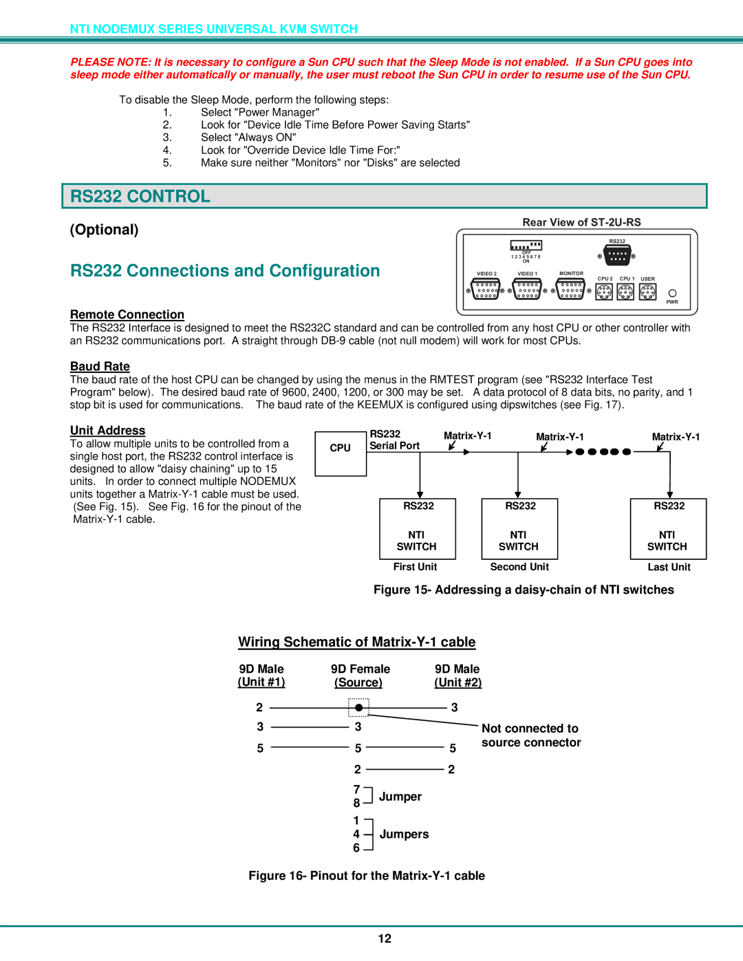 Network Technologies ST-2U RS232 Control, RS232 Connections and Configuration, Remote Connection, Baud Rate, Unit Address 