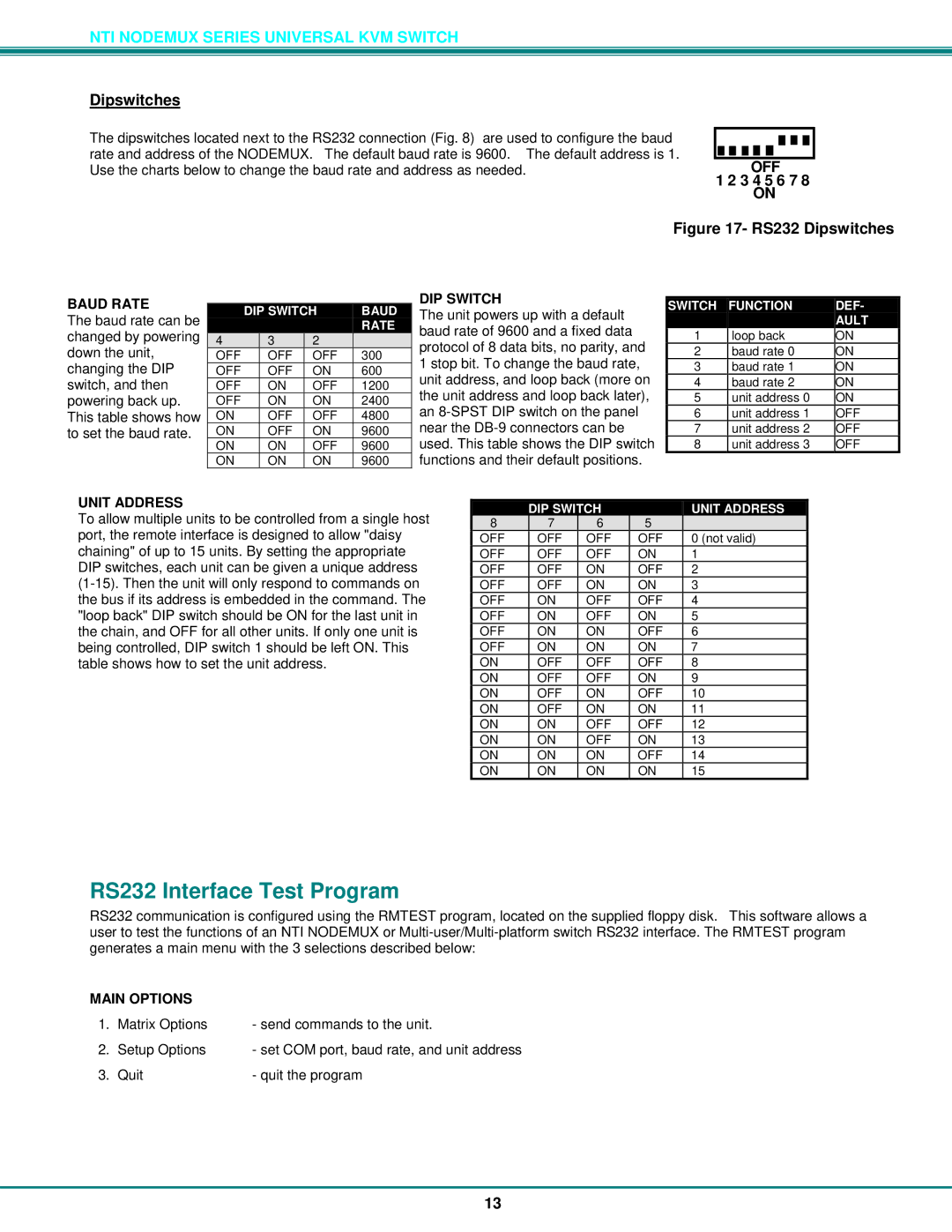 Network Technologies ST-2U operation manual RS232 Interface Test Program, Dipswitches, 3 4 5 6 7 8 on 