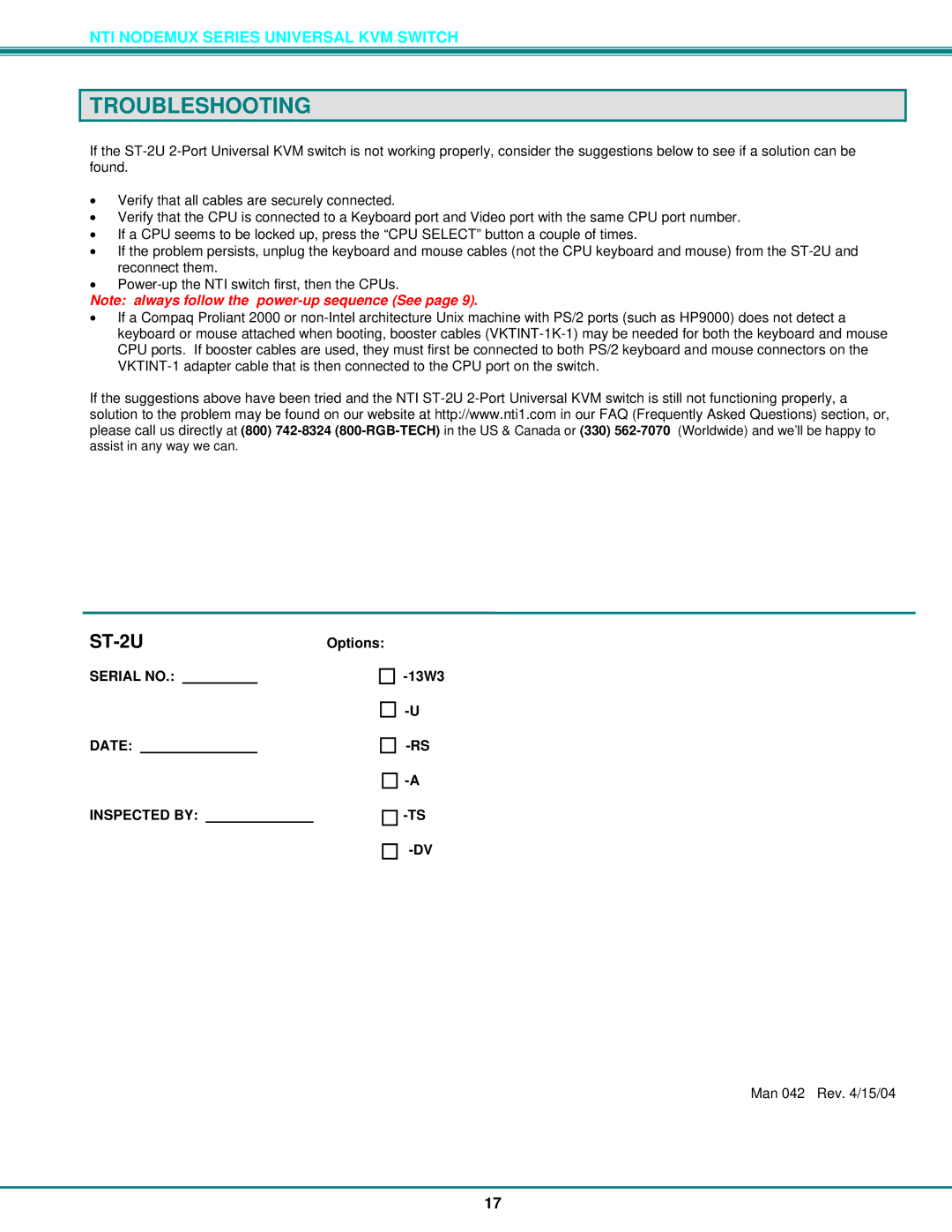 Network Technologies ST-2U operation manual Troubleshooting, Serial no, Date Inspected by 