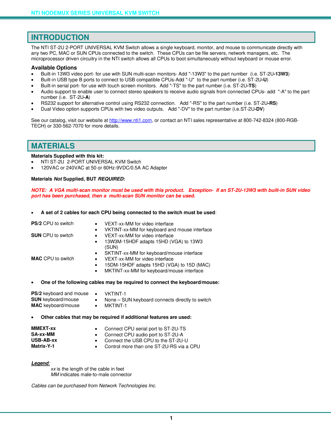 Network Technologies ST-2U operation manual Introduction, Materials, Available Options 