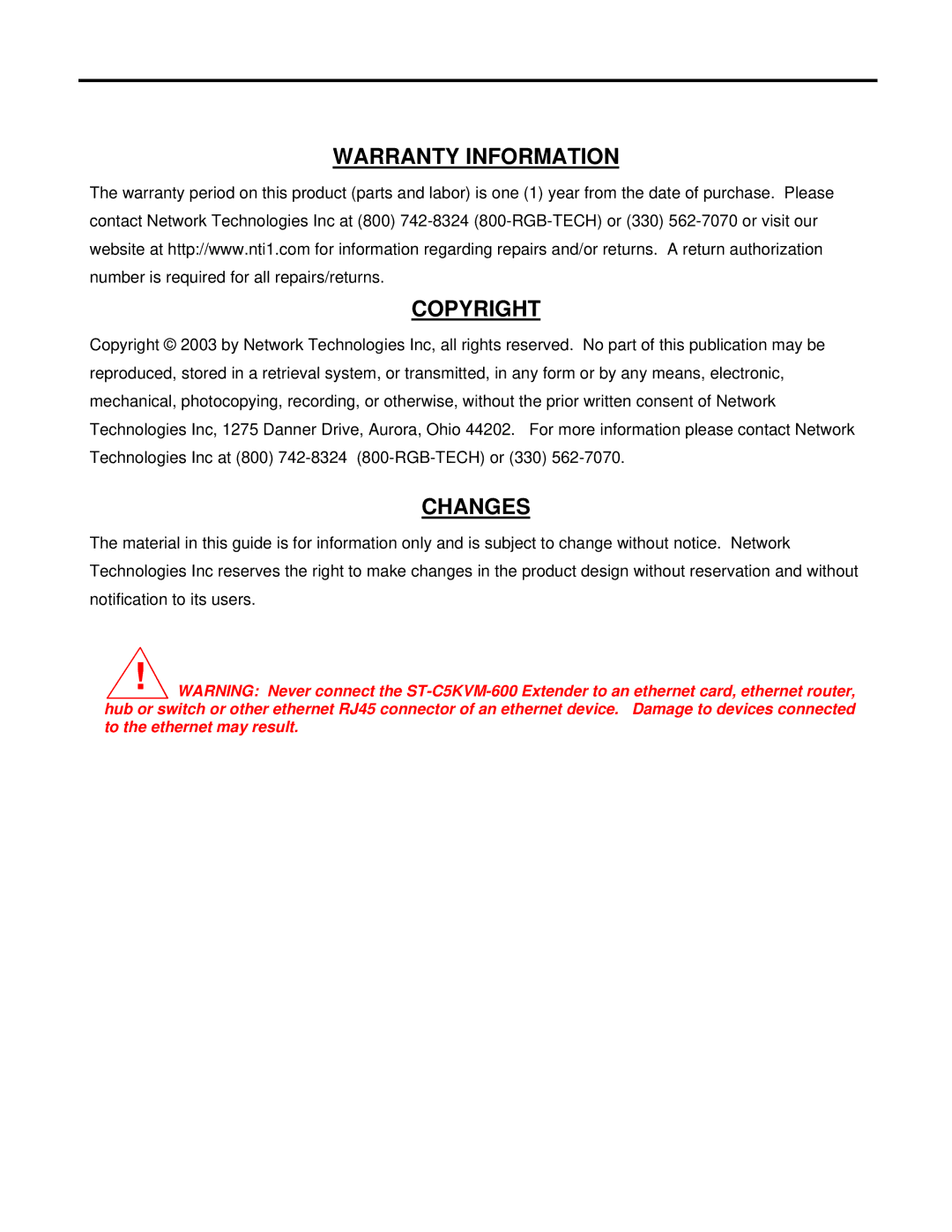 Network Technologies ST-C5KVM-600-CE operation manual Warranty Information Copyright 