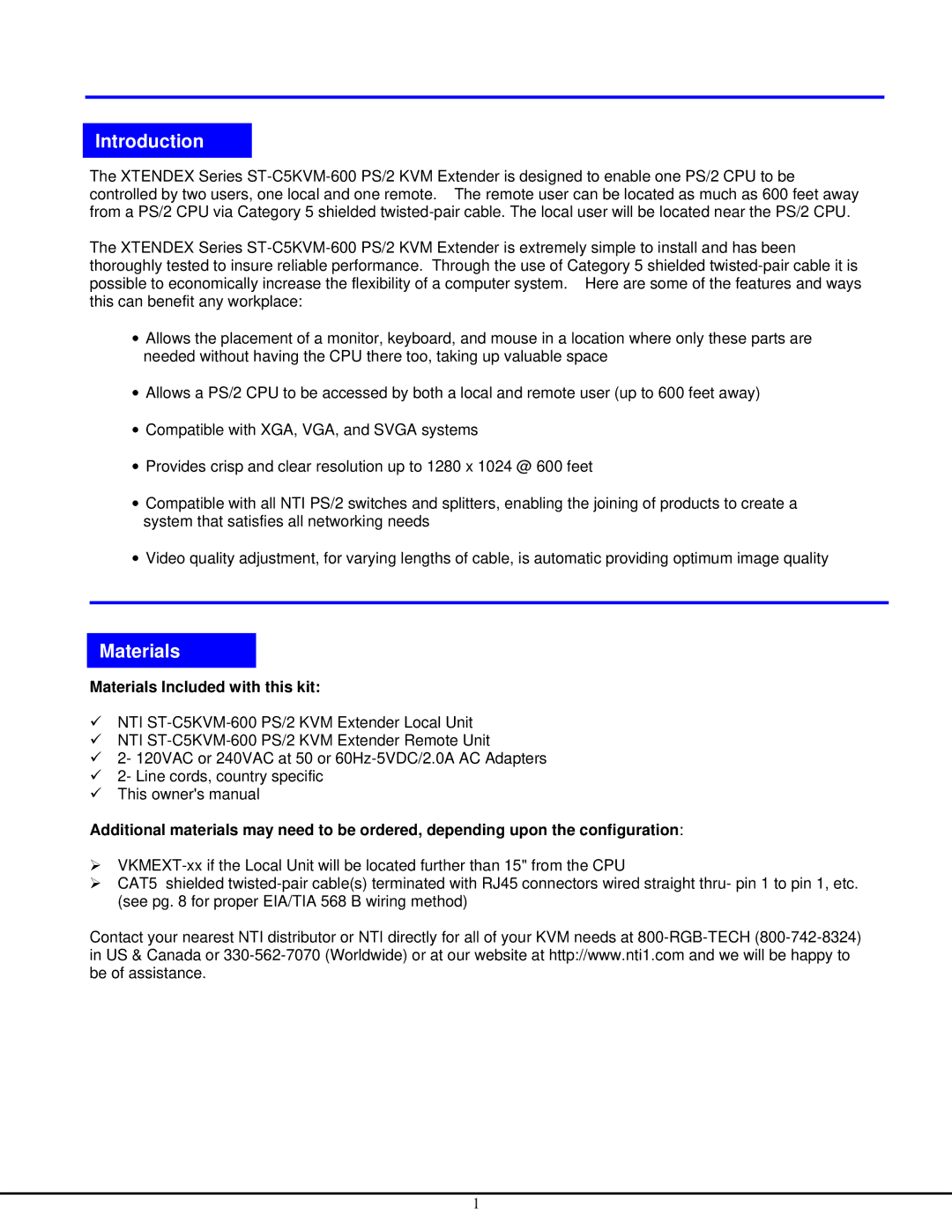 Network Technologies ST-C5KVM-600-CE operation manual Introduction, Materials Included with this kit 