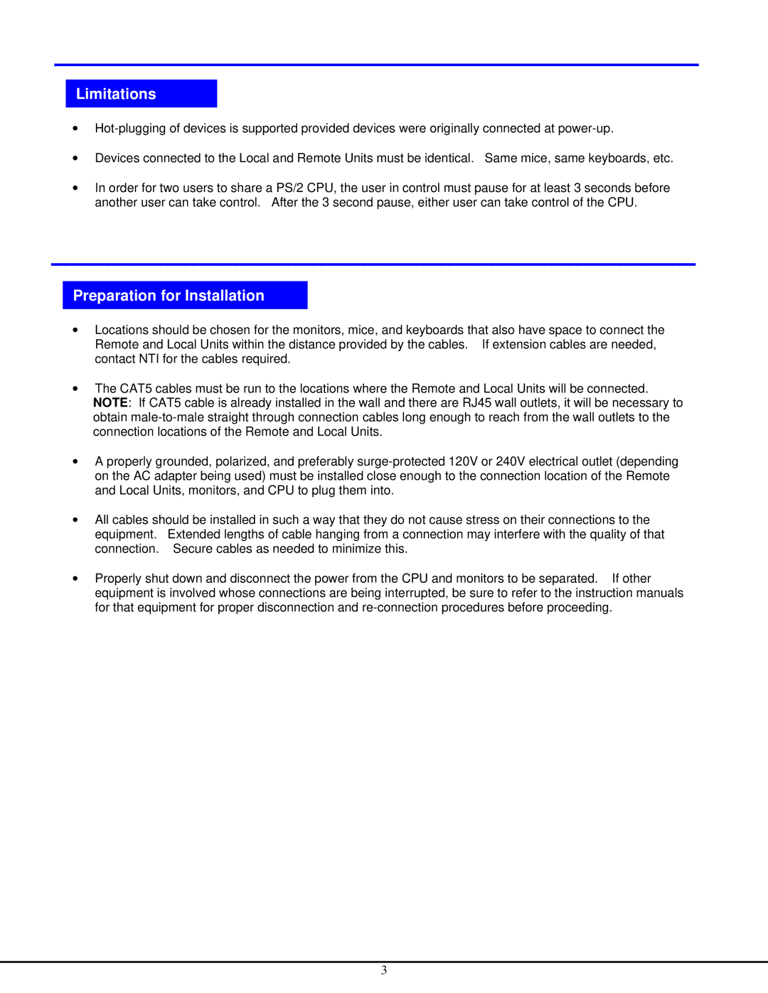 Network Technologies ST-C5KVM-600-CE operation manual Limitations, Preparation for Installation 