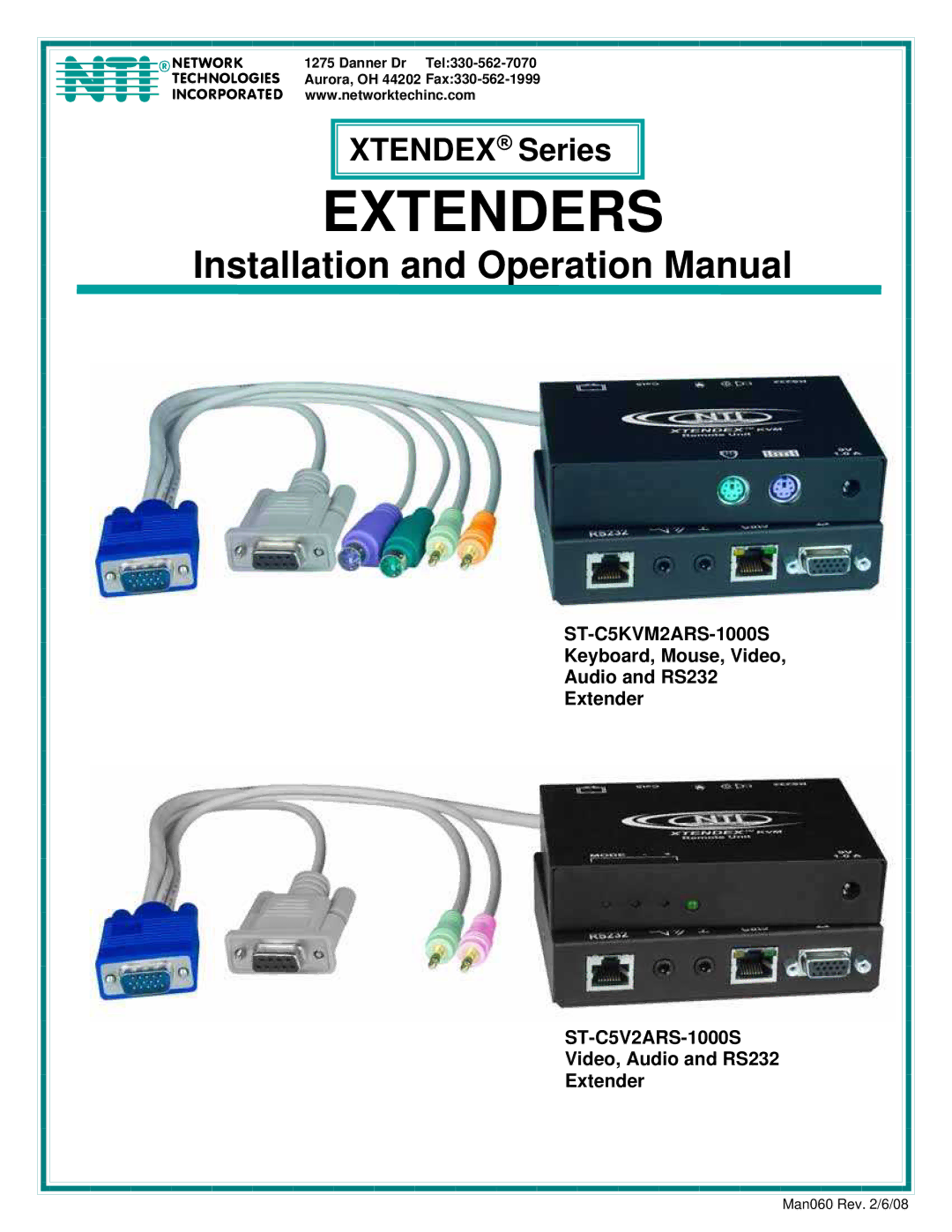 Network Technologies ST-C5KVM2ARS-1000S operation manual Danner Dr Tel330-562-7070, Aurora, OH Fax330-562-1999 