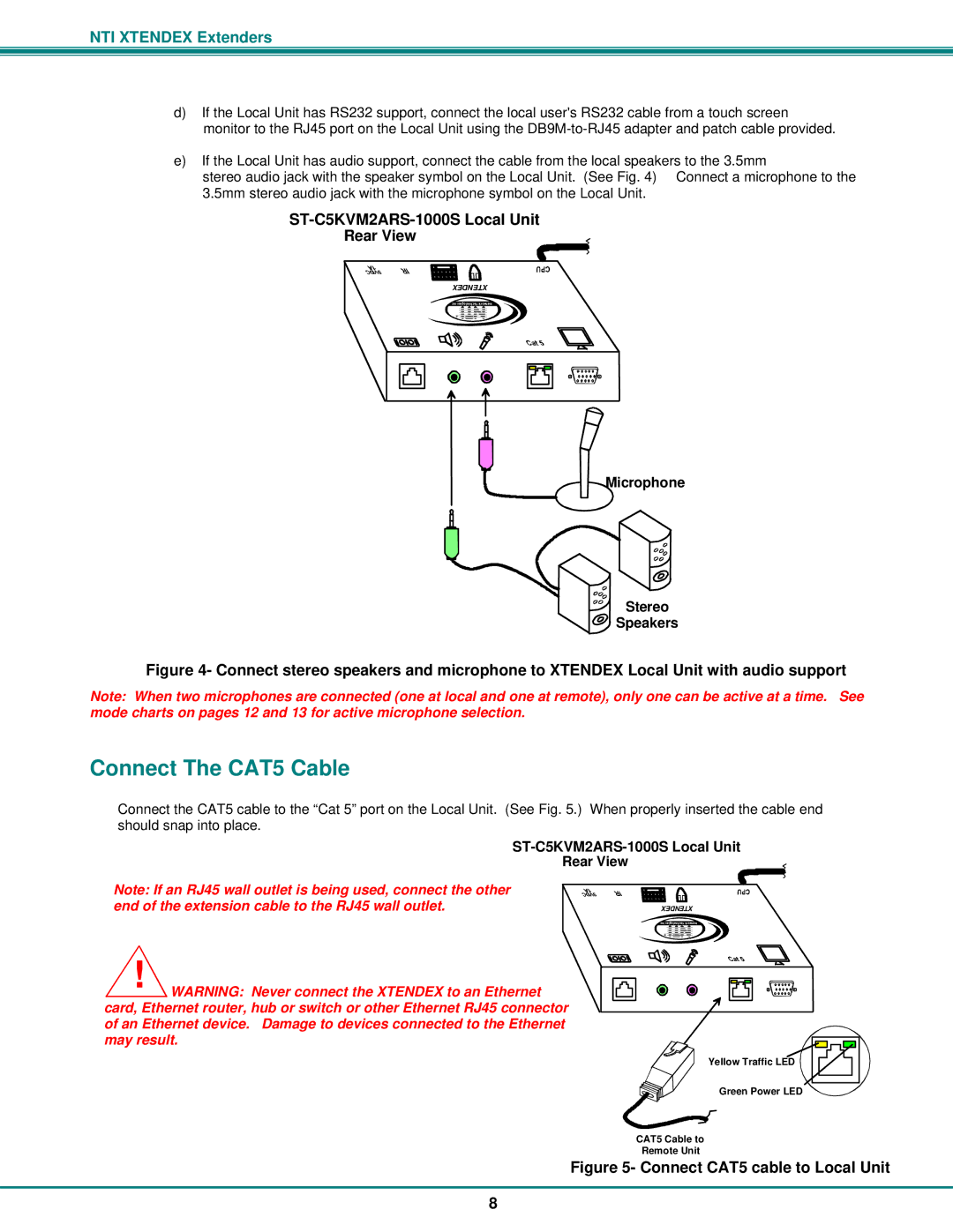 Network Technologies Connect The CAT5 Cable, ST-C5KVM2ARS-1000S Local Unit Rear View, Microphone Stereo Speakers 