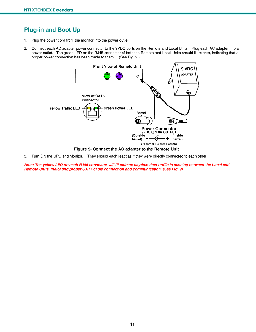 Network Technologies ST-C5V2ARS-1000S, ST-C5KVM2ARS-1000S Plug-in and Boot Up, Connect the AC adapter to the Remote Unit 