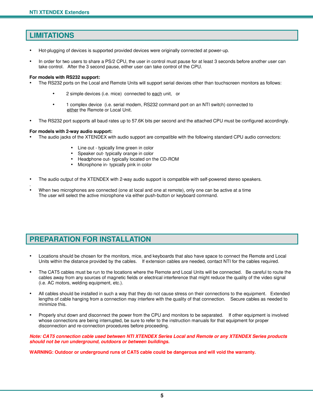 Network Technologies ST-C5V2ARS-1000S Limitations, Preparation for Installation, For models with RS232 support 