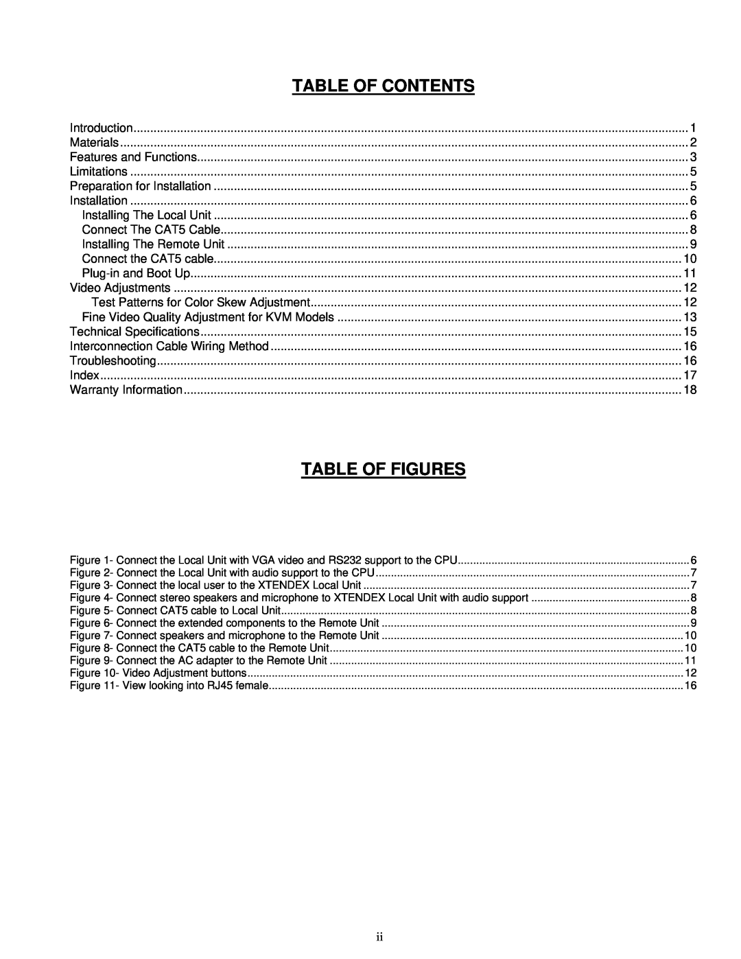 Network Technologies ST-C5KVM2ARS-1000S, ST-C5V2ARS-1000S operation manual Table Of Figures, Table Of Contents 