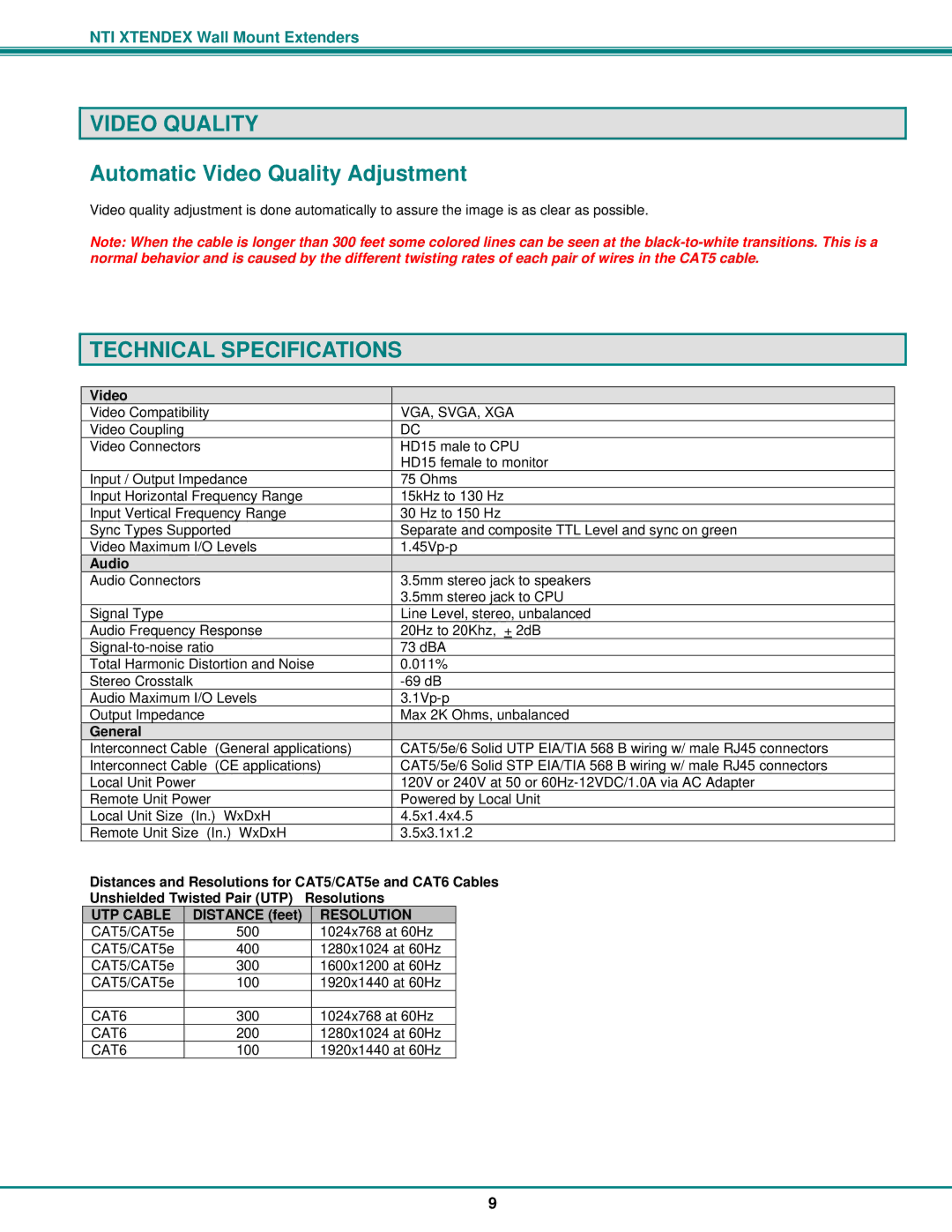 Network Technologies ST-C5VA-WL500 operation manual Automatic Video Quality Adjustment, Technical Specifications 