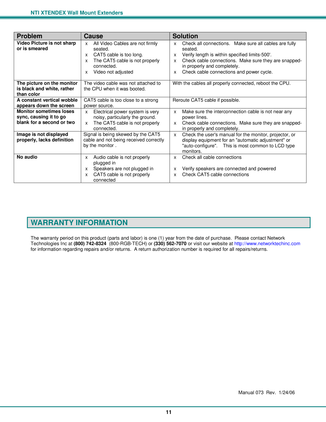 Network Technologies ST-C5VA-WL500 operation manual Warranty Information 