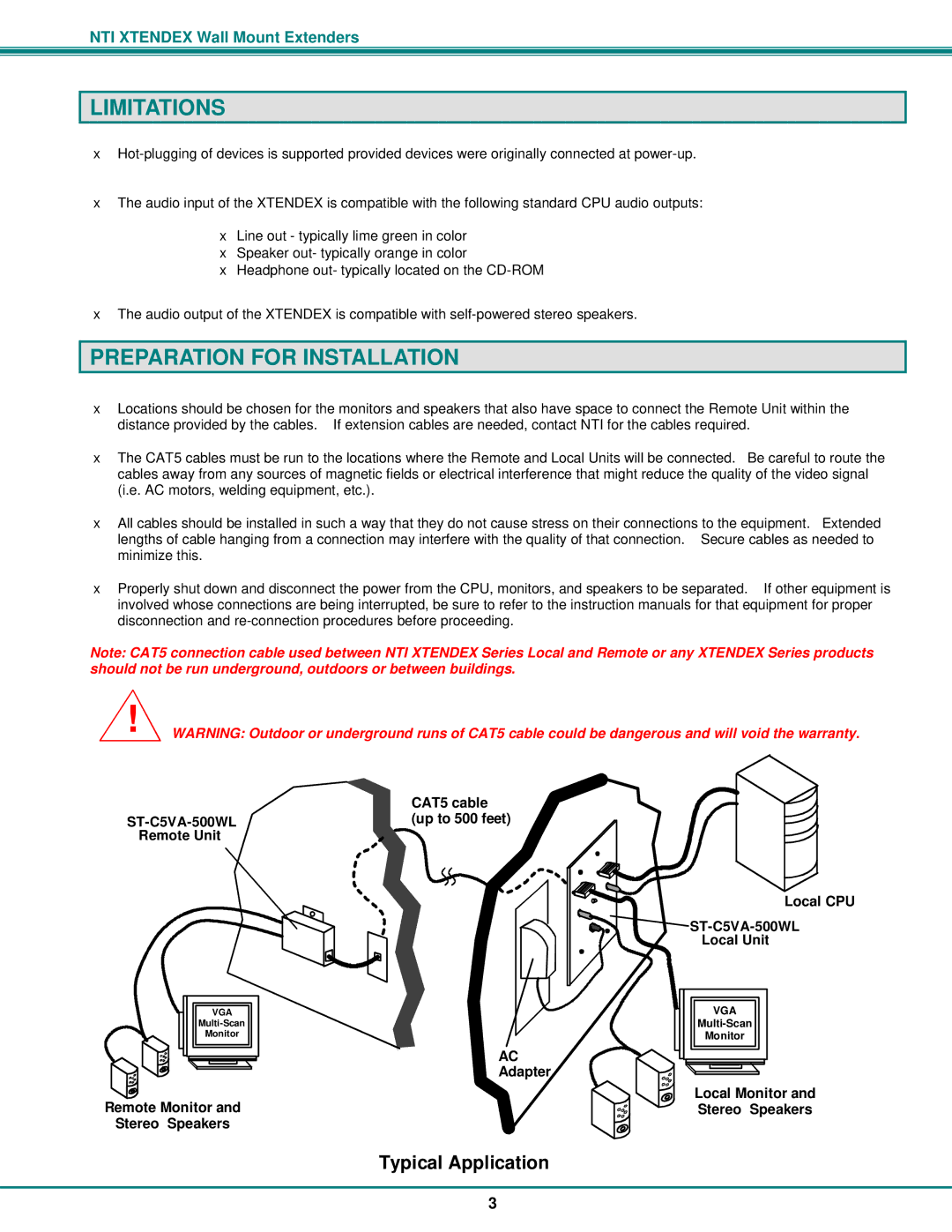 Network Technologies ST-C5VA-WL500 operation manual Limitations, Preparation for Installation, Typical Application 