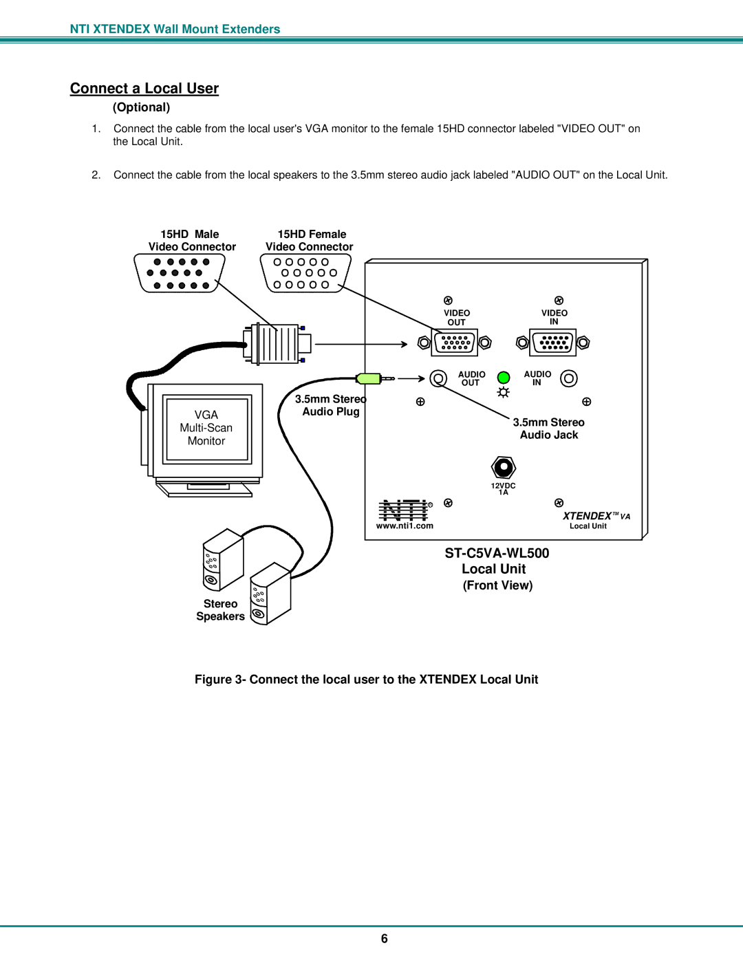 Network Technologies ST-C5VA-WL500 operation manual Connect a Local User, 15HD Male 15HD Female Video Connector, Audio Plug 