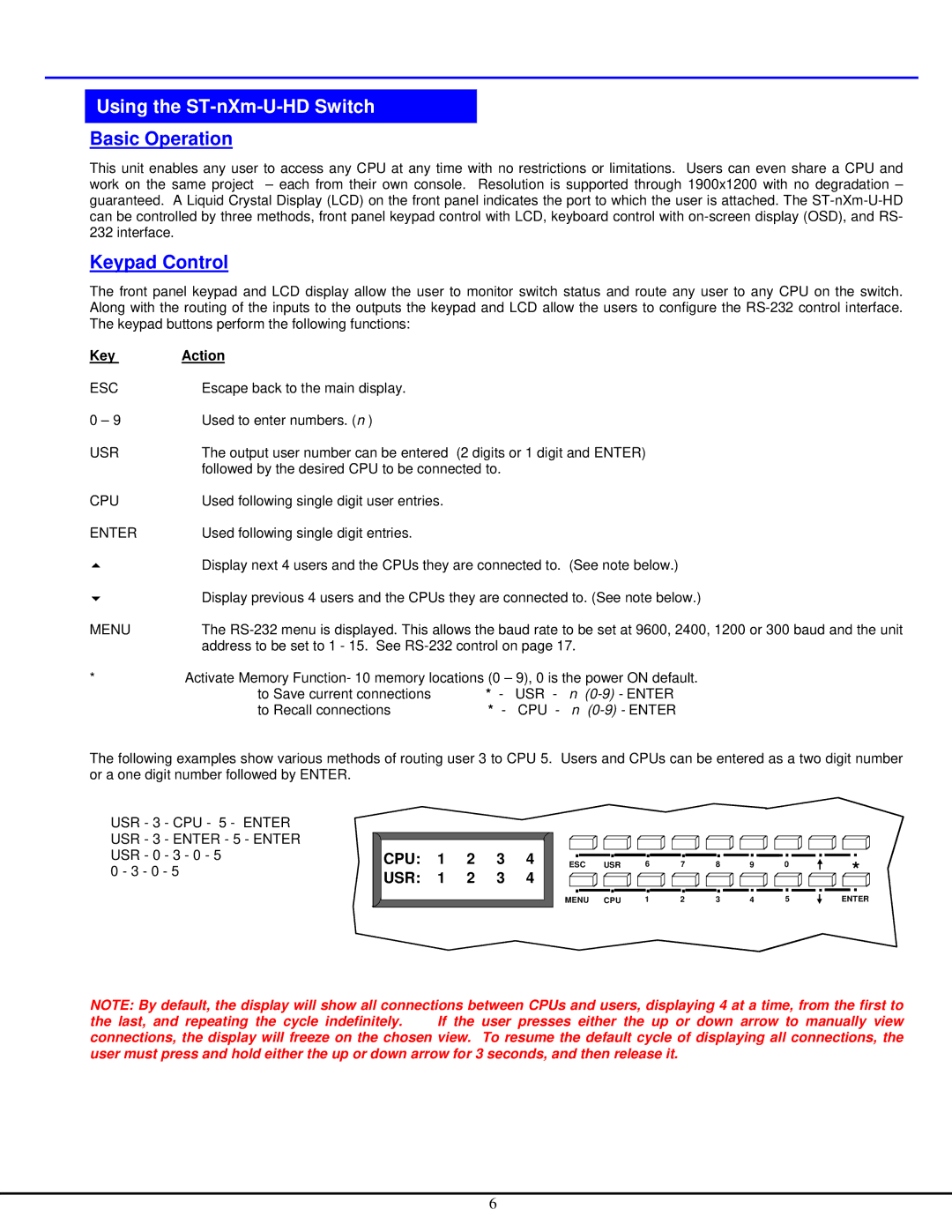 Network Technologies ST-NXM-U-HD UsingUsingthe STthe-nXmST-U-HDnXmSwitch-U-HD Switch, Basic Operation, Keypad Control 