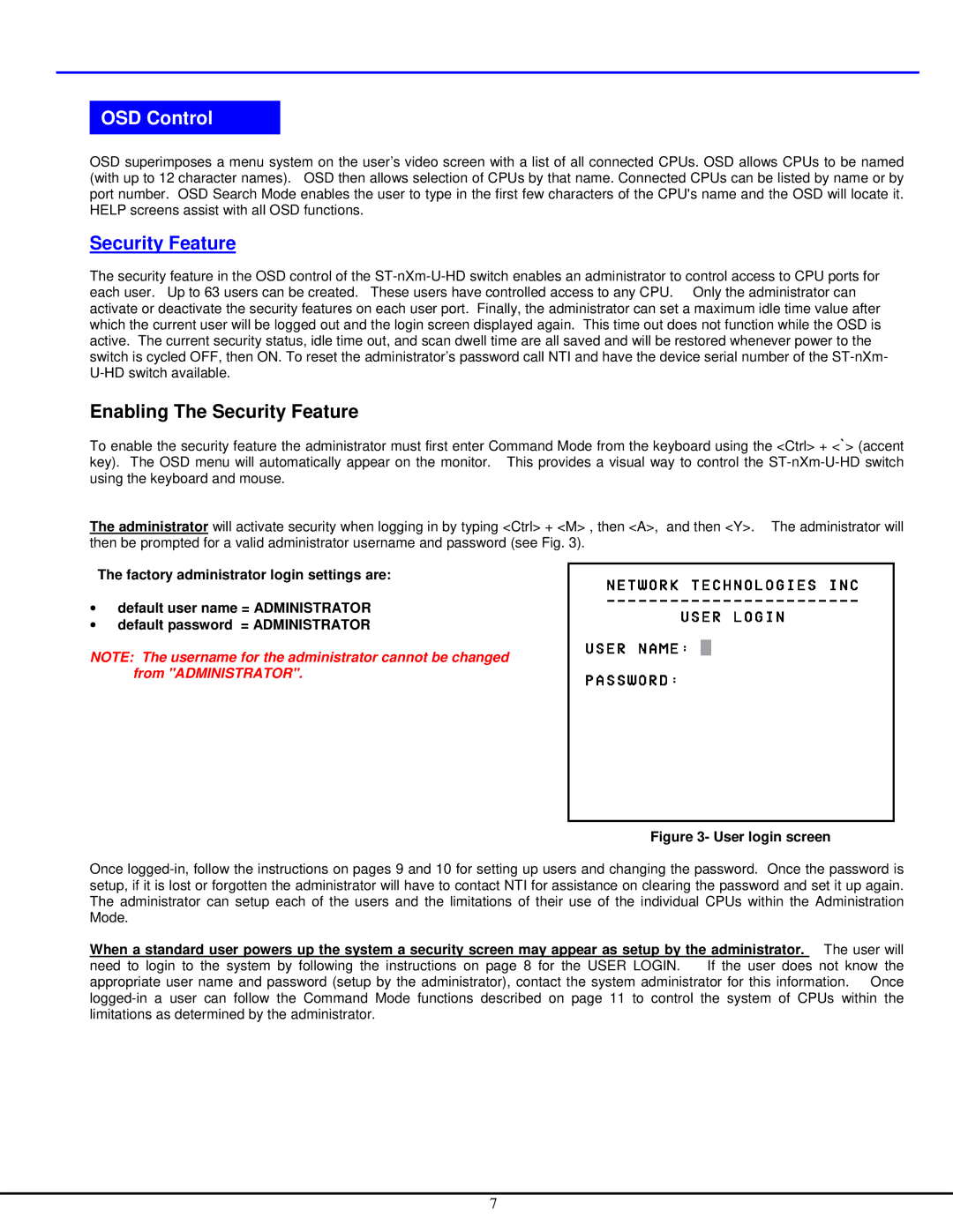 Network Technologies ST-NXM-U-HD manual OSD Control, Enabling The Security Feature 