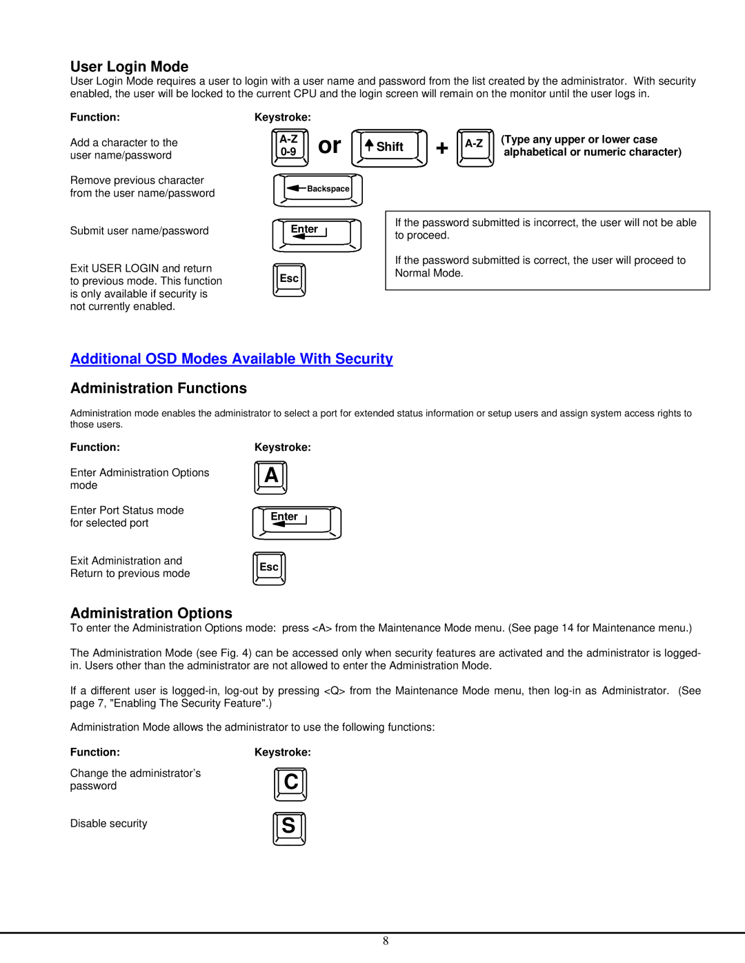 Network Technologies ST-NXM-U-HD User Login Mode, Additional OSD Modes Available With Security, Administration Functions 