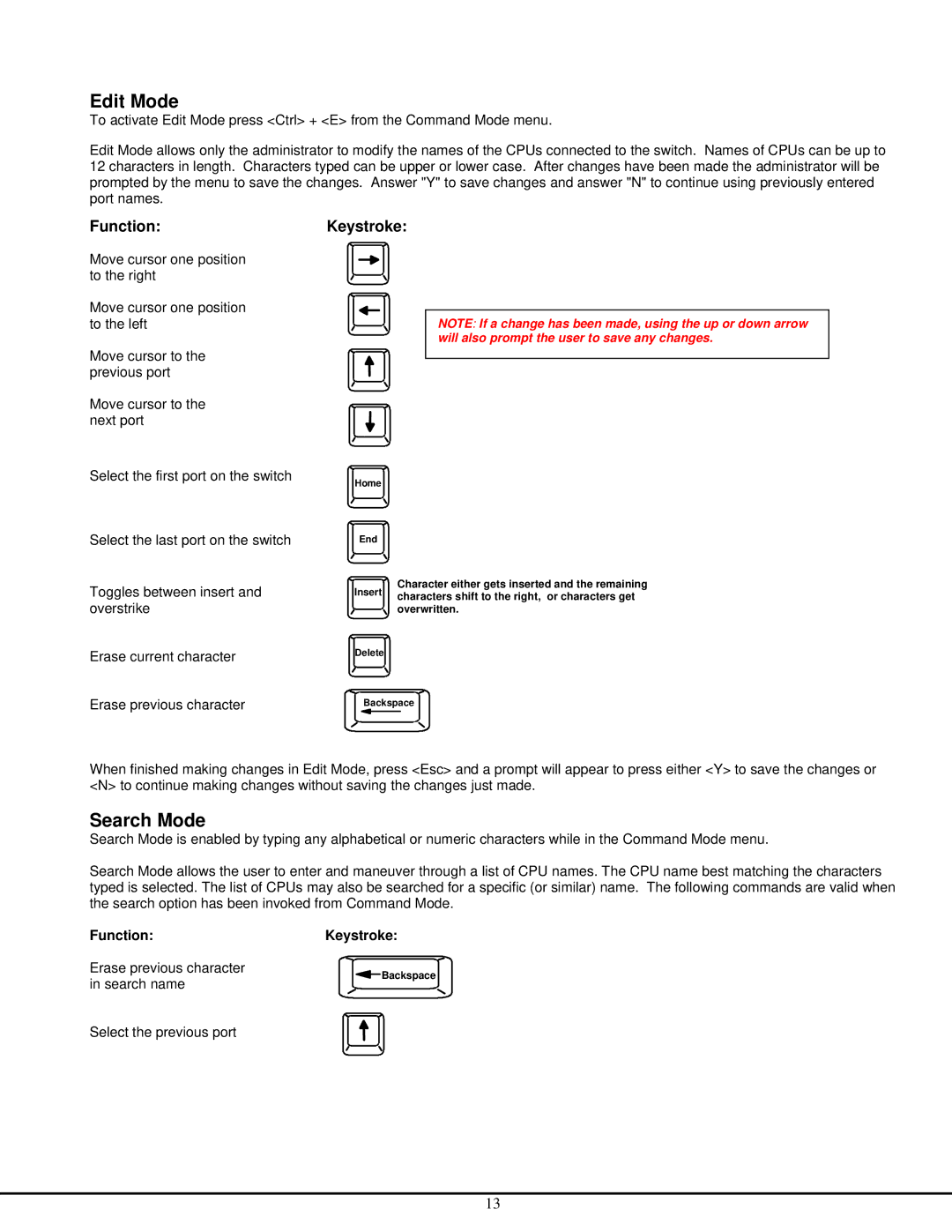 Network Technologies ST-NXM-U-HD manual Edit Mode, Search Mode, Erase current character, Erase previous character 