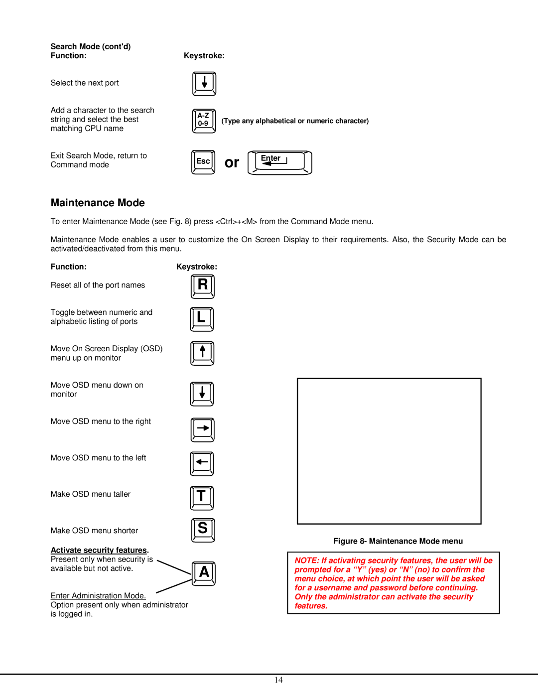 Network Technologies ST-NXM-U-HD manual Maintenance Mode, Search Mode contd FunctionKeystroke, Esc or Enter 