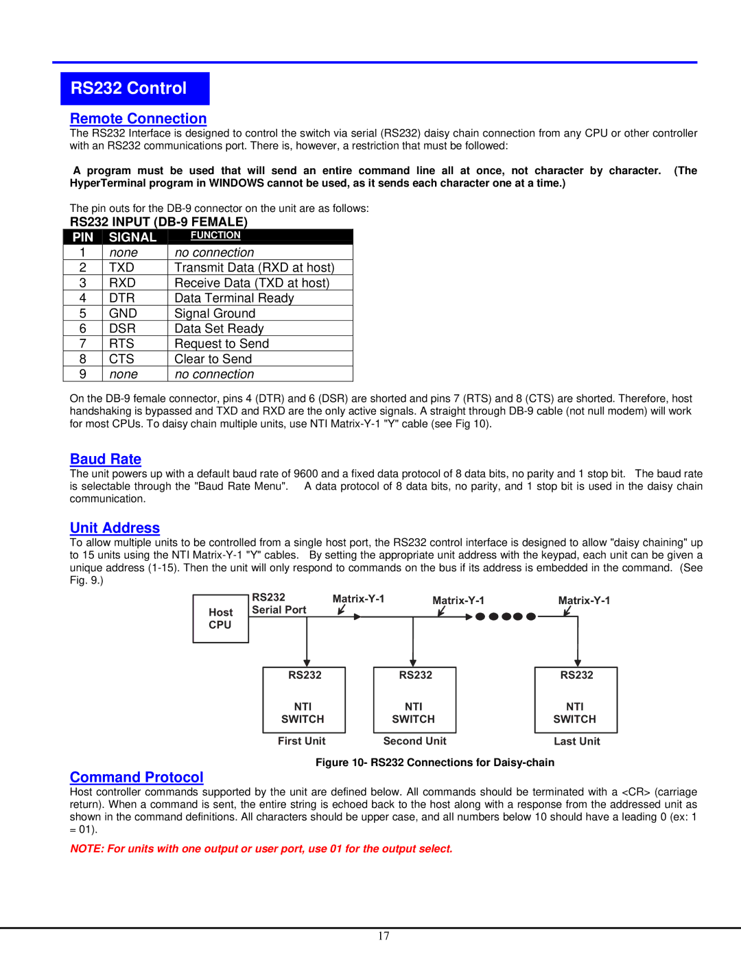 Network Technologies ST-NXM-U-HD manual Remote Connection, Baud Rate, Unit Address, Command Protocol 