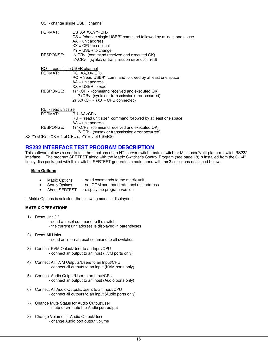 Network Technologies ST-NXM-U-HD manual Main Options, Matrix Operations 