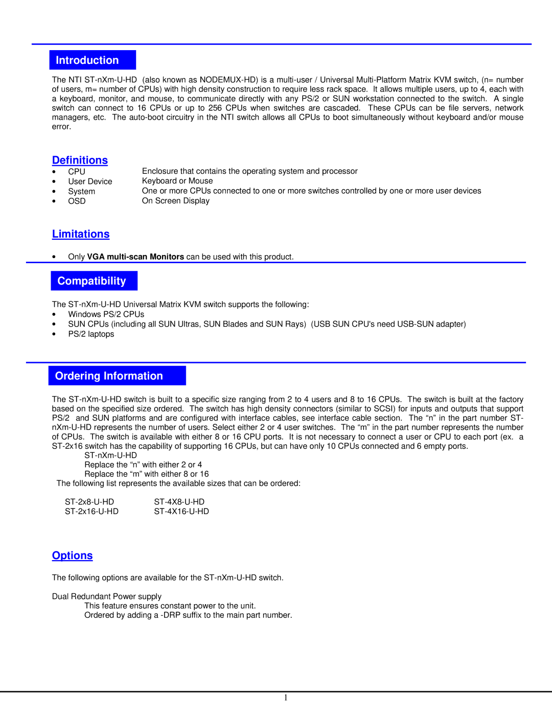 Network Technologies ST-NXM-U-HD manual Definitions, Limitations, CompatibilCompatibilityty, Options 