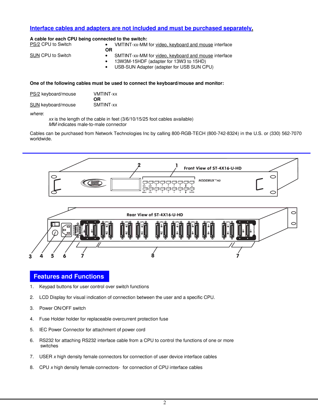 Network Technologies ST-NXM-U-HD FeaturesFeaturesandandFunctioFunctionss, Cable for each CPU being connected to the switch 