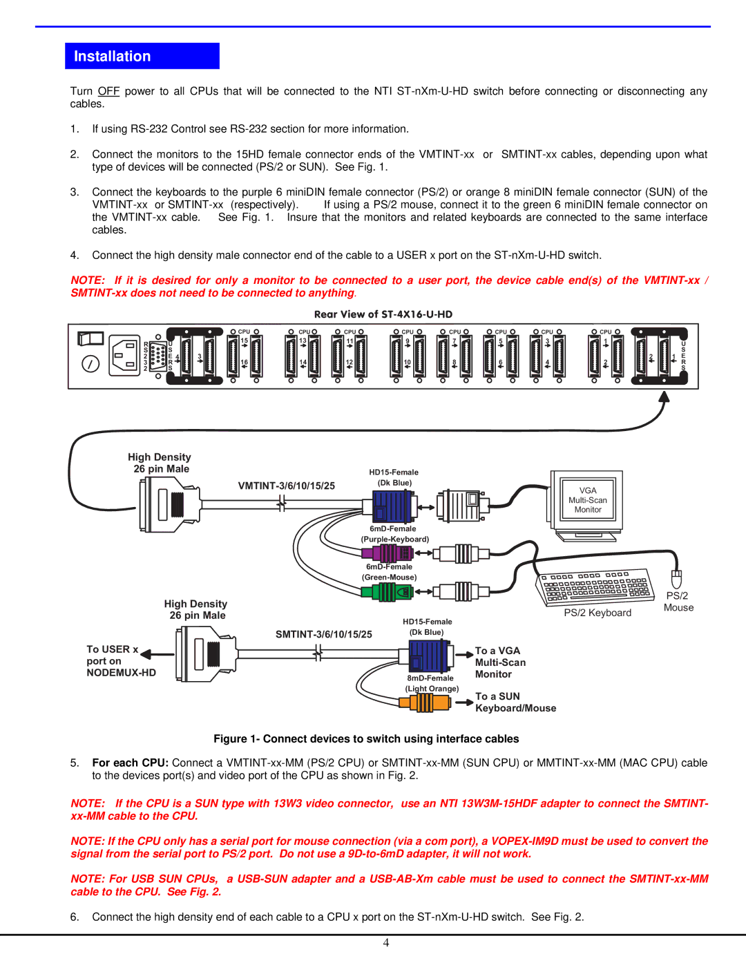 Network Technologies ST-NXM-U-HD manual Installation, RearViewofST-4X16-U-HD 