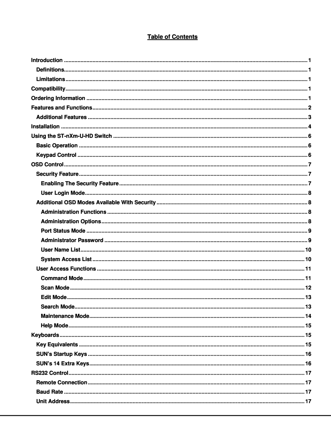Network Technologies ST-NXM-U-HD manual Table of Contents 