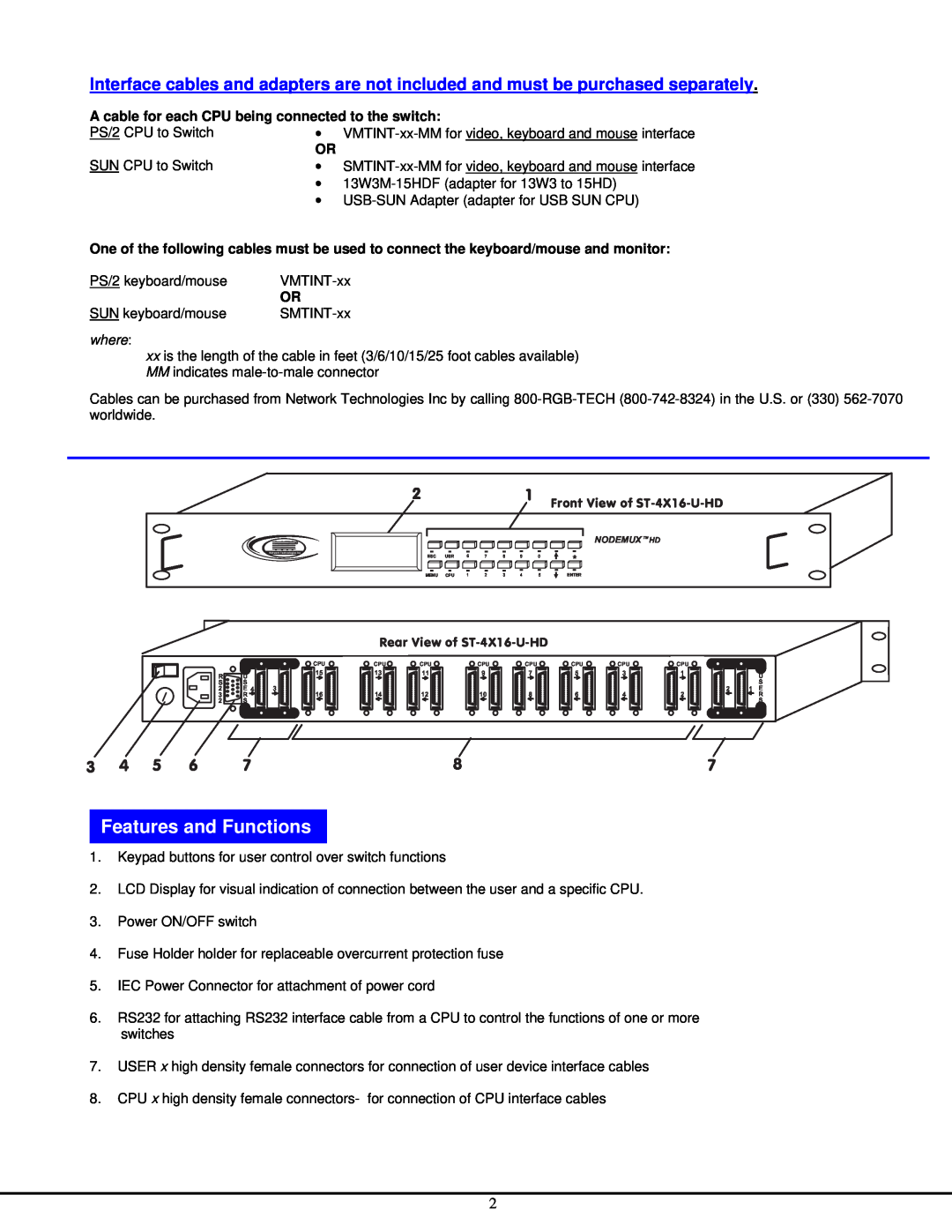 Network Technologies ST-NXM-U-HD manual FeaturesFeaturesandandFunctioFunctionss, where 