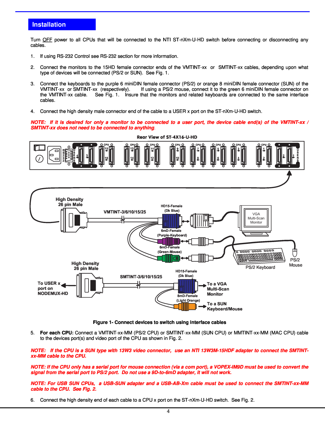 Network Technologies ST-NXM-U-HD manual Installation, RearViewofST-4X16-U-HD 