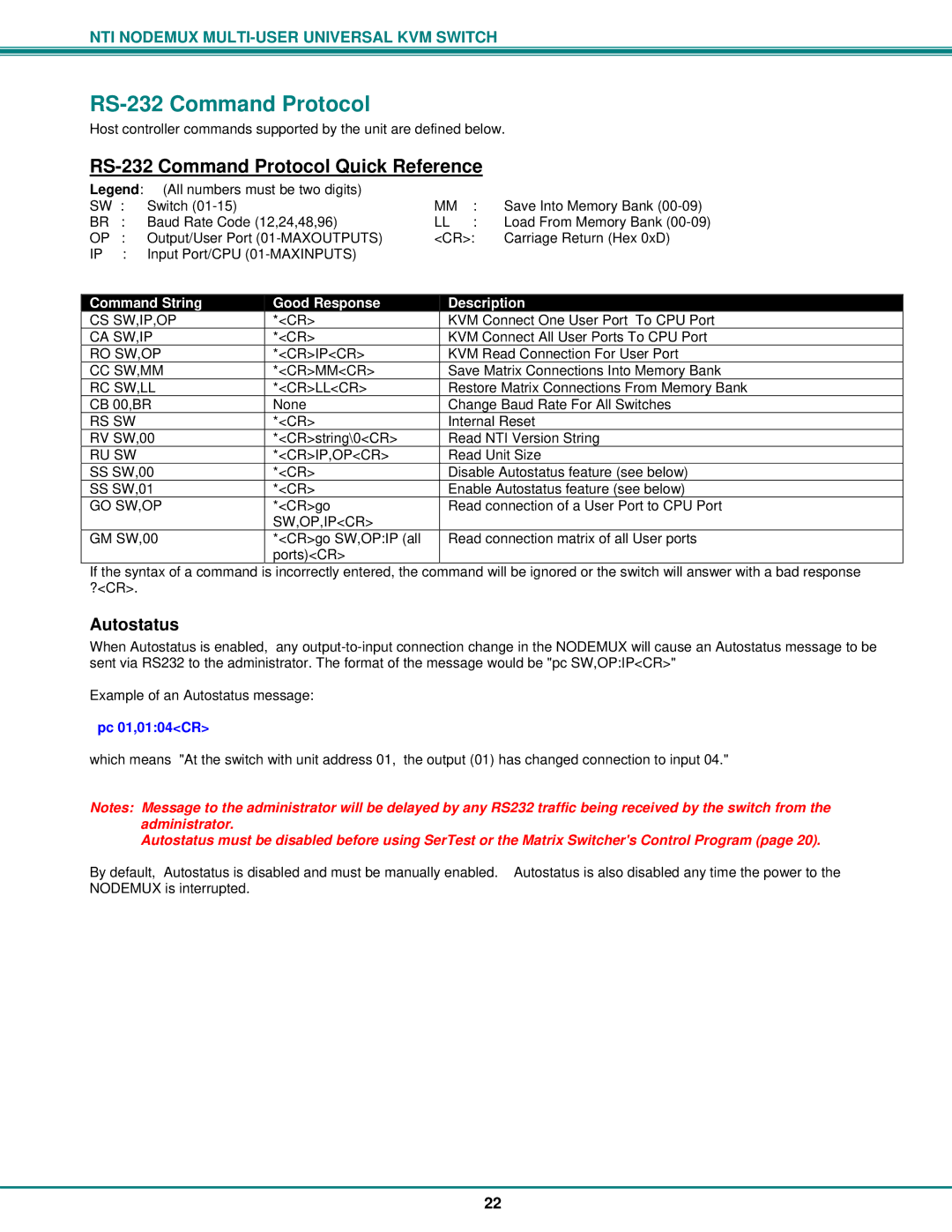 Network Technologies ST-nXm-U operation manual RS-232 Command Protocol Quick Reference 