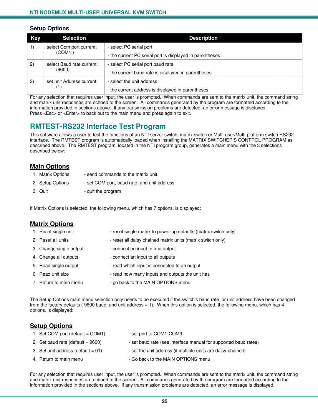 Network Technologies ST-nXm-U RMTEST-RS232 Interface Test Program, Main Options, Matrix Options, Setup Options 