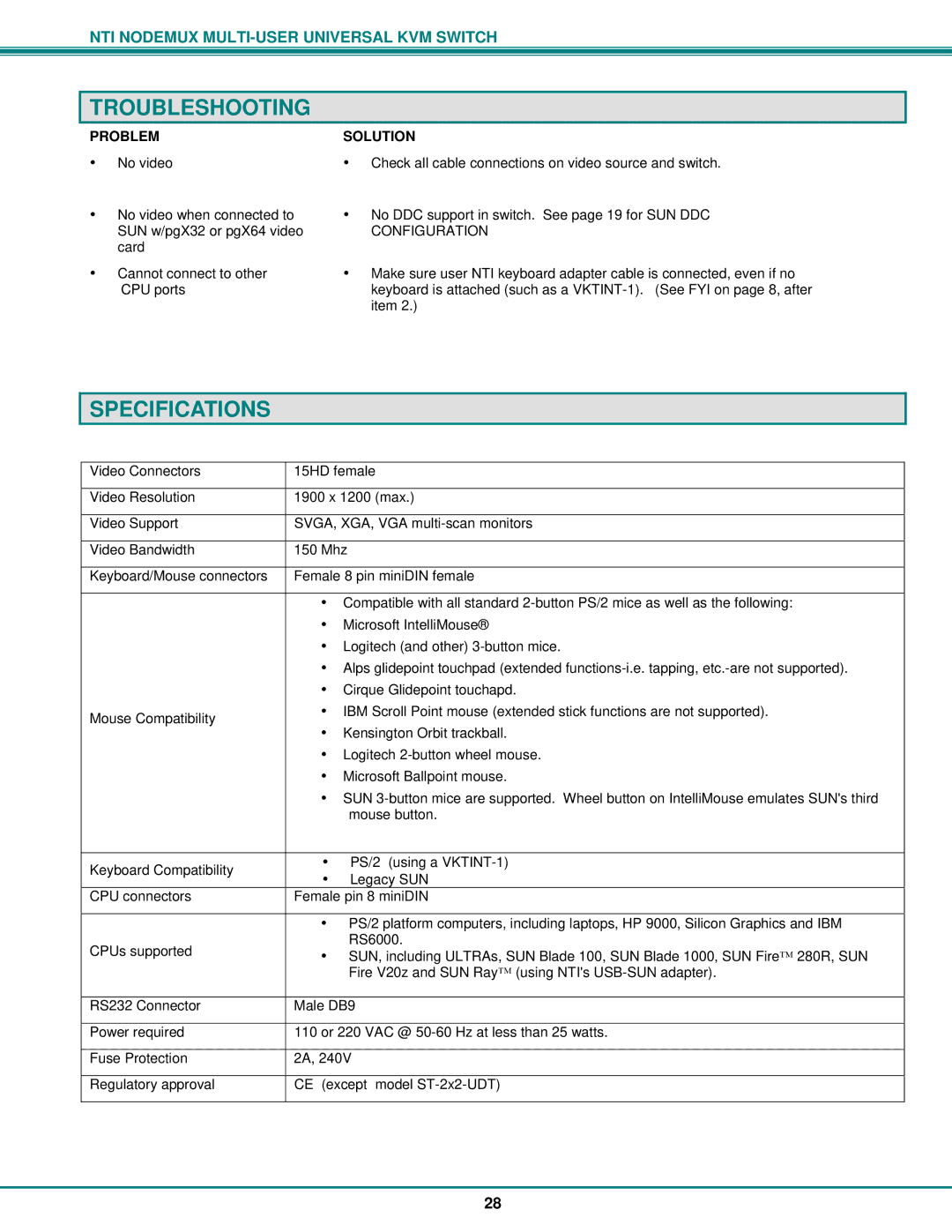 Network Technologies ST-nXm-U operation manual Troubleshooting, Specifications 