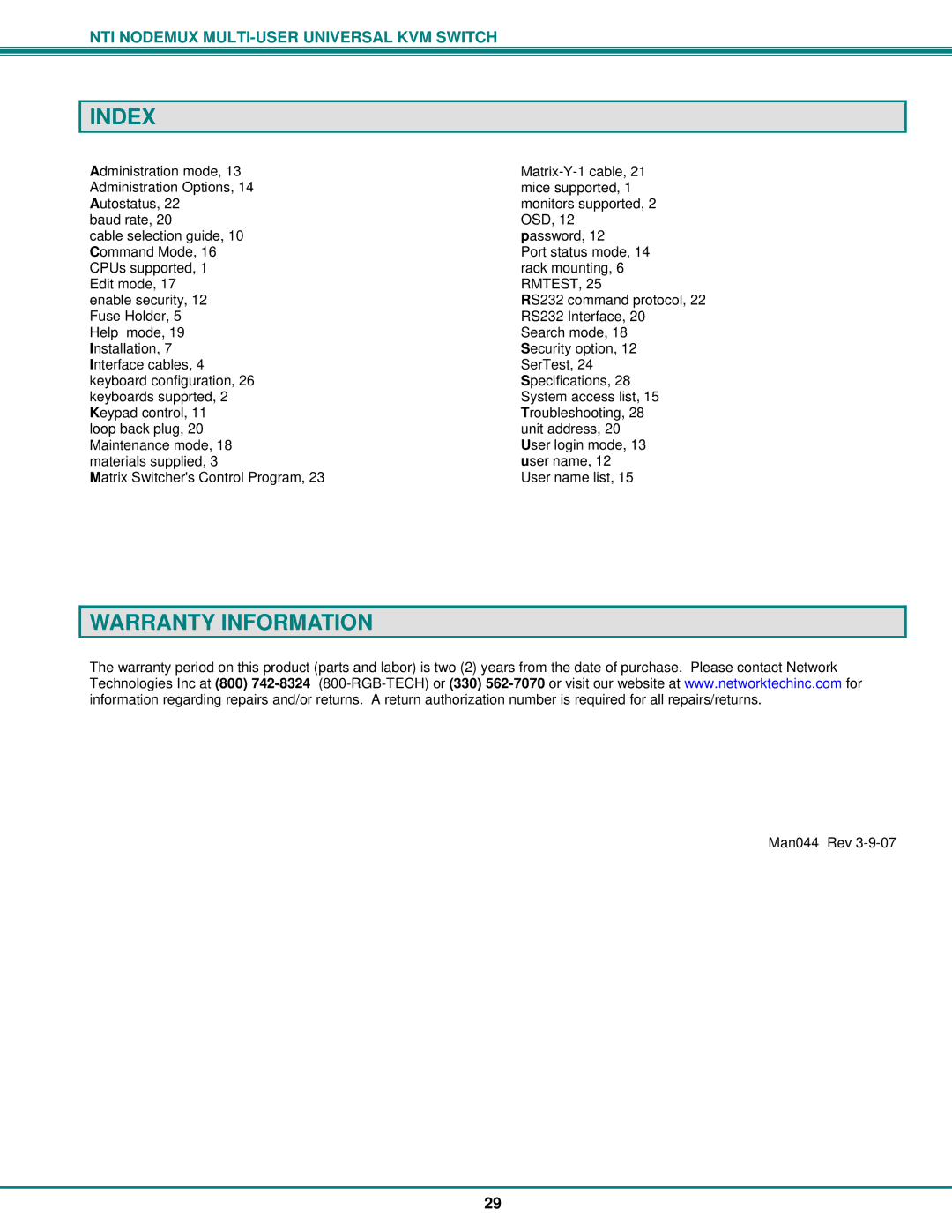 Network Technologies ST-nXm-U operation manual Index, Warranty Information 