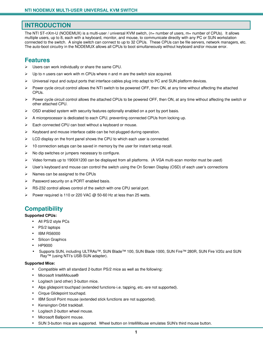 Network Technologies ST-nXm-U operation manual Introduction, Features, Compatibility, Supported CPUs, Supported Mice 