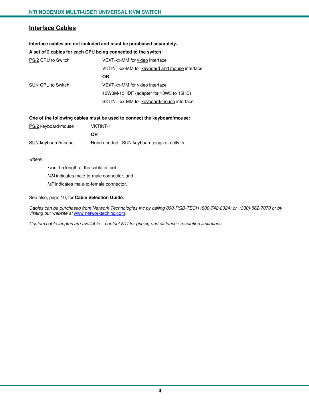 Network Technologies ST-nXm-U operation manual Interface Cables, Where 