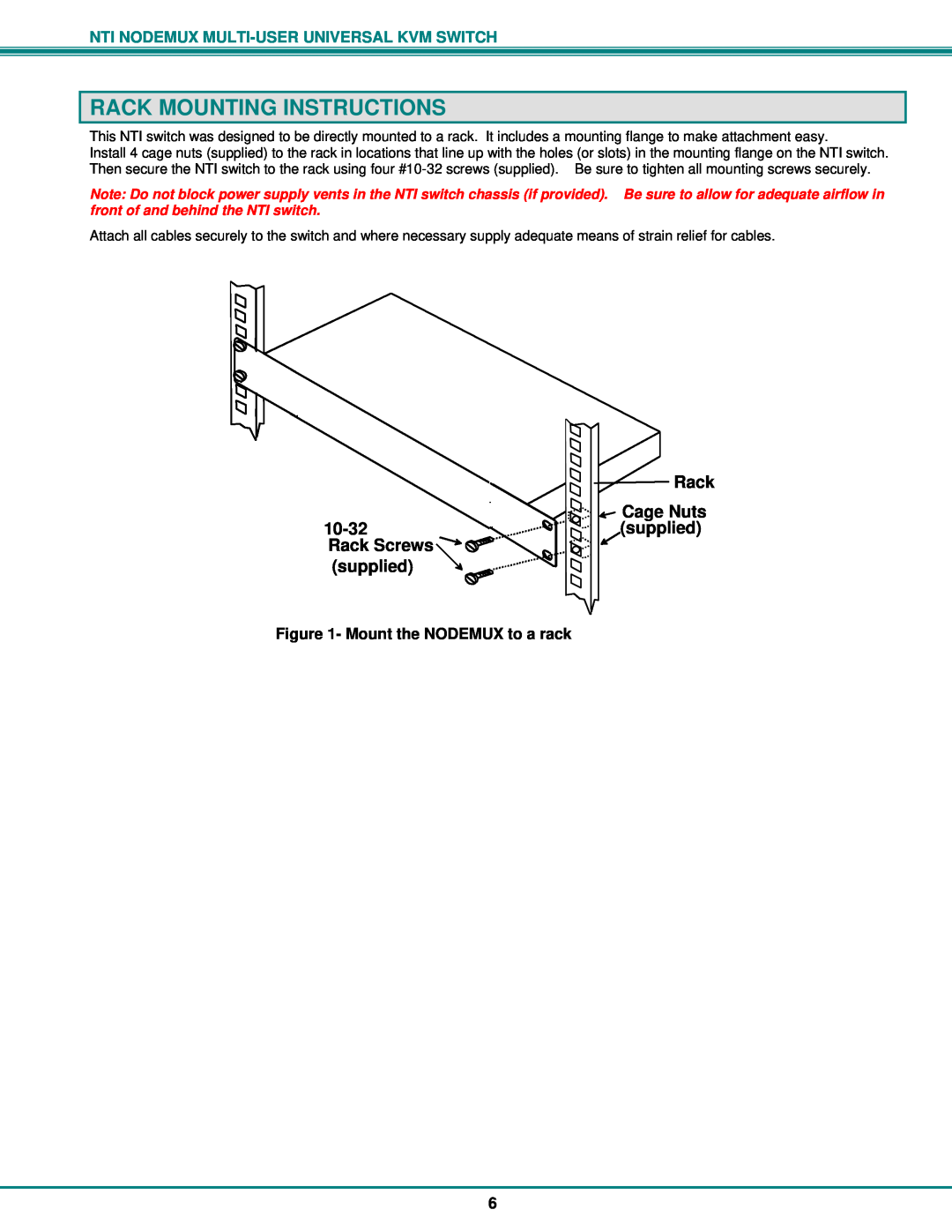 Network Technologies ST-nXm-U operation manual Rack Mounting Instructions, Rack Screws supplied, Rack Cage Nuts supplied 