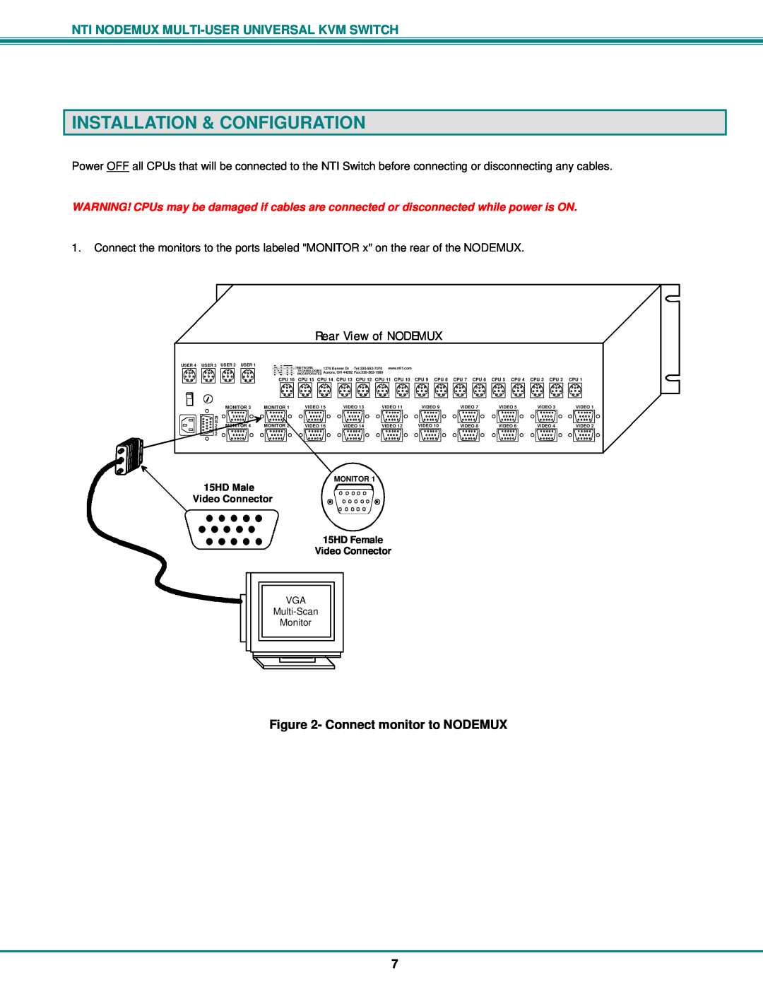 Network Technologies ST-nXm-U operation manual Installation & Configuration, Connect monitor to NODEMUX 