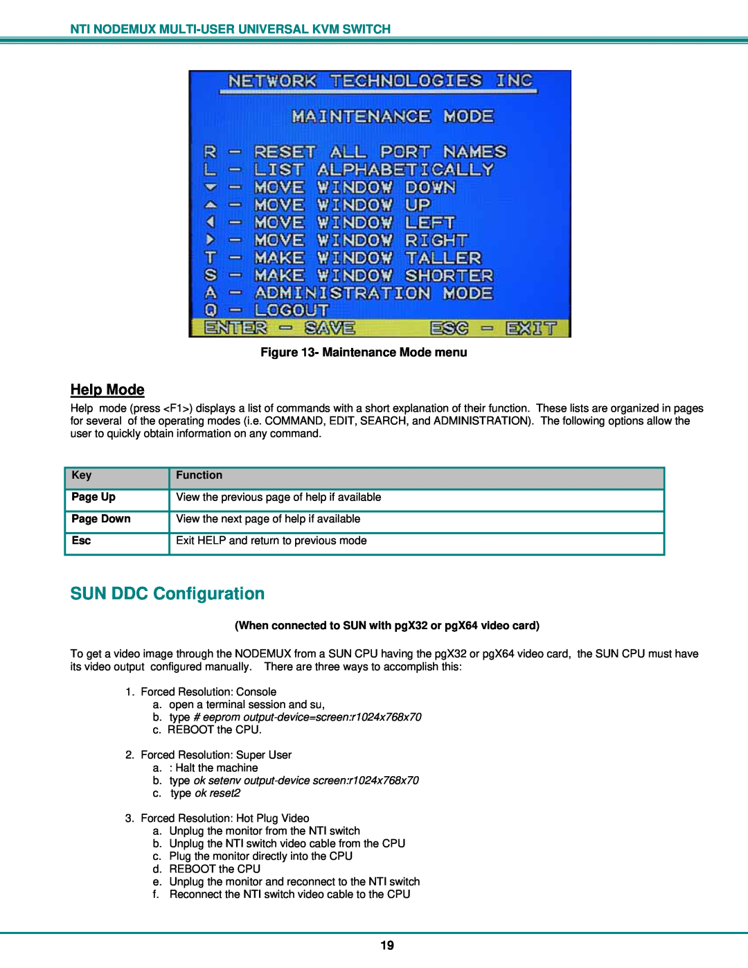 Network Technologies ST-nXm-U operation manual SUN DDC Configuration, Help Mode, Maintenance Mode menu 