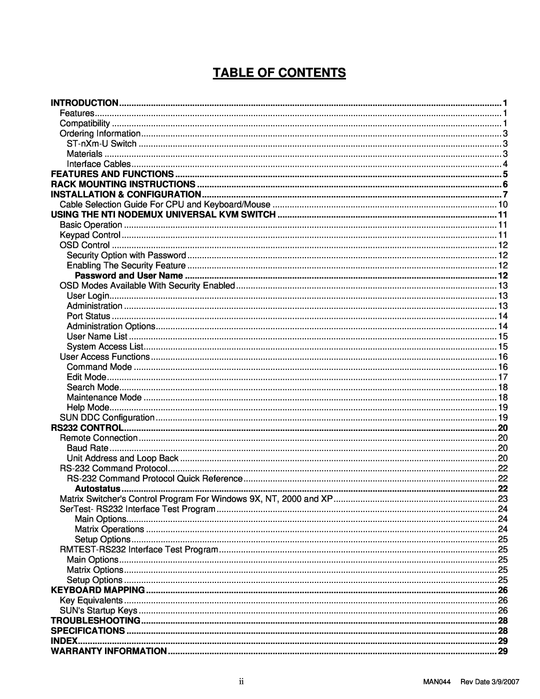Network Technologies ST-nXm-U operation manual Table Of Contents 